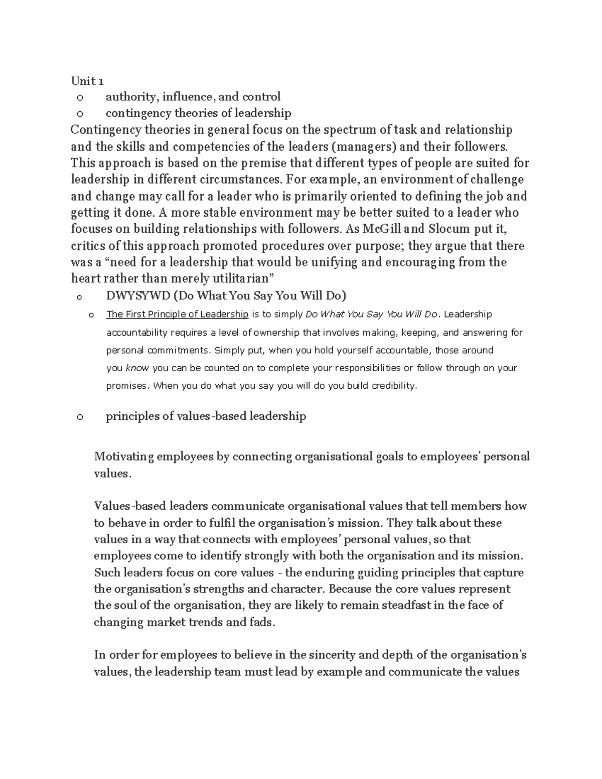 Notes - Unit 1 o authority, influence, and control o contingency ...