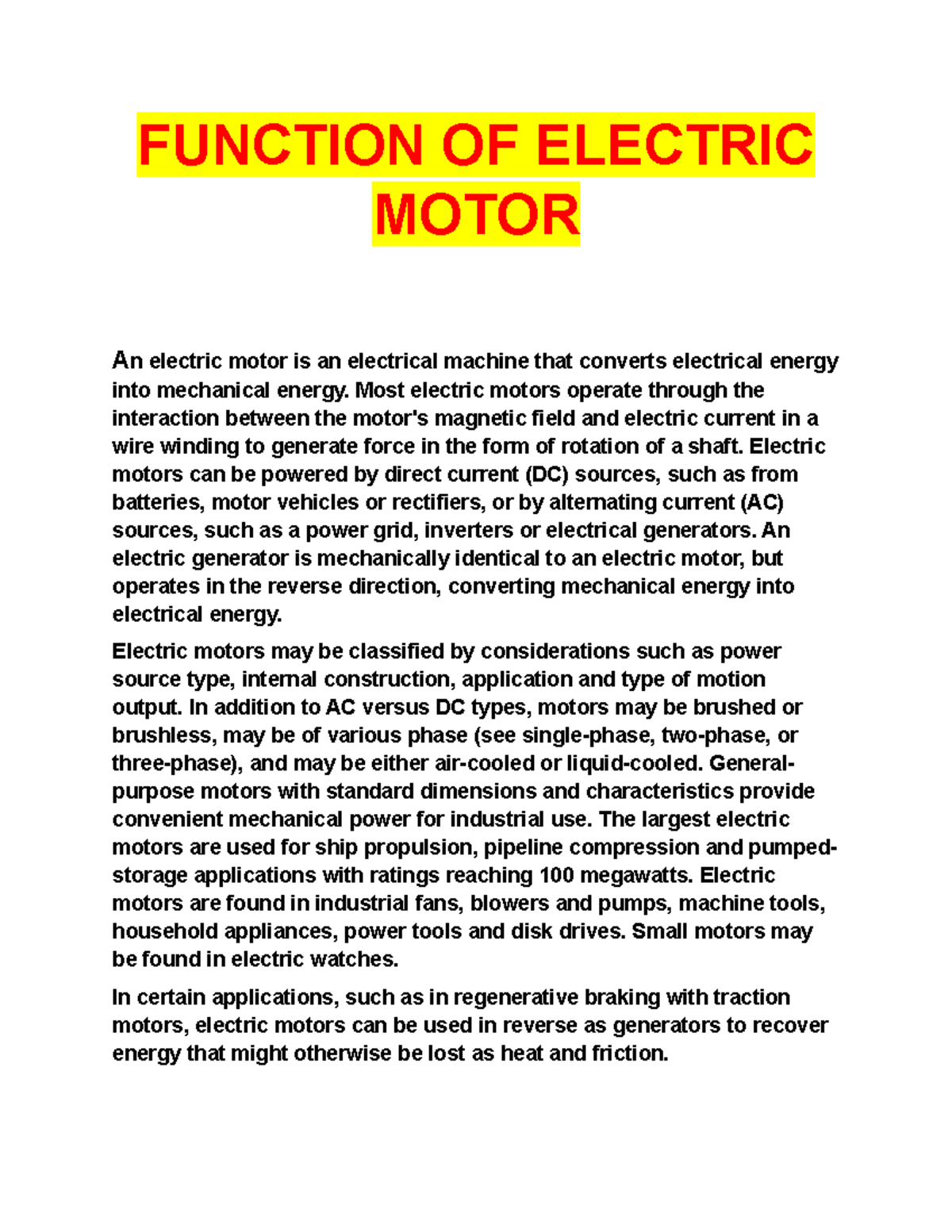 Function OF Electric Motor FUNCTION OF ELECTRIC MOTOR An electric