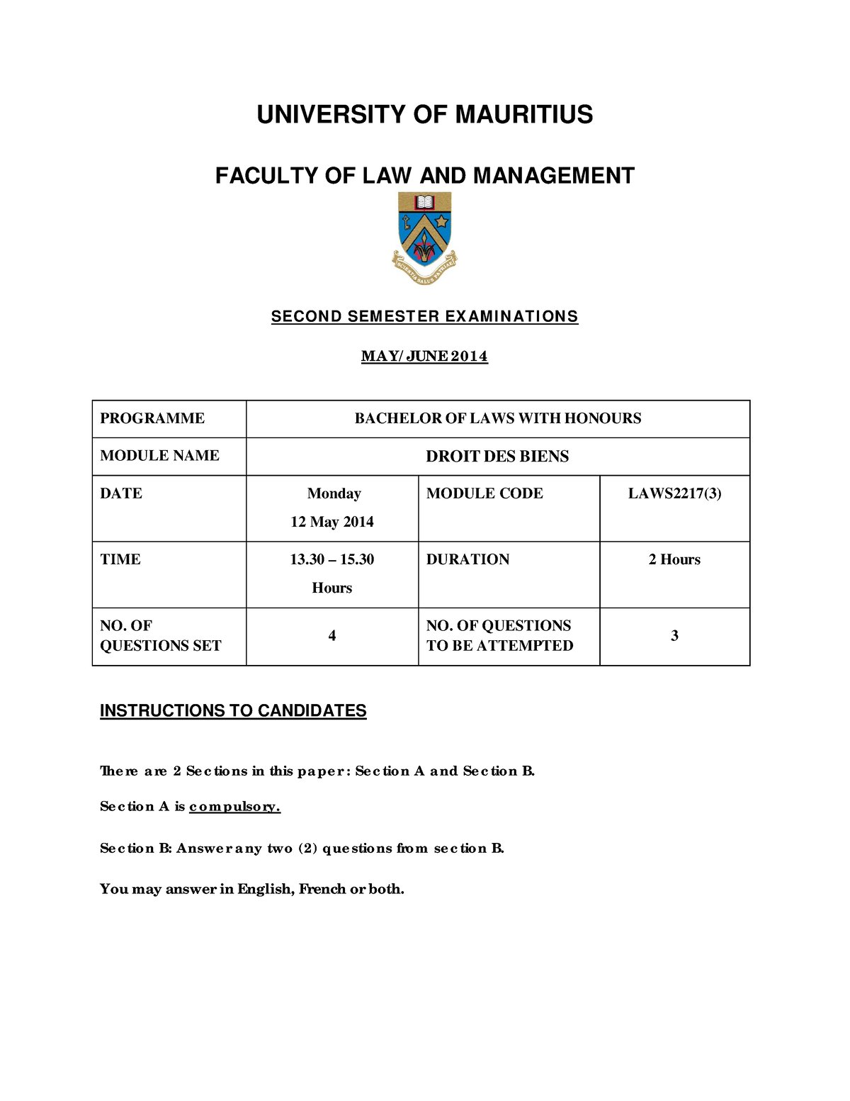 2014 - past paper - UNIVERSITY OF MAURITIUS FACULTY OF LAW AND ...