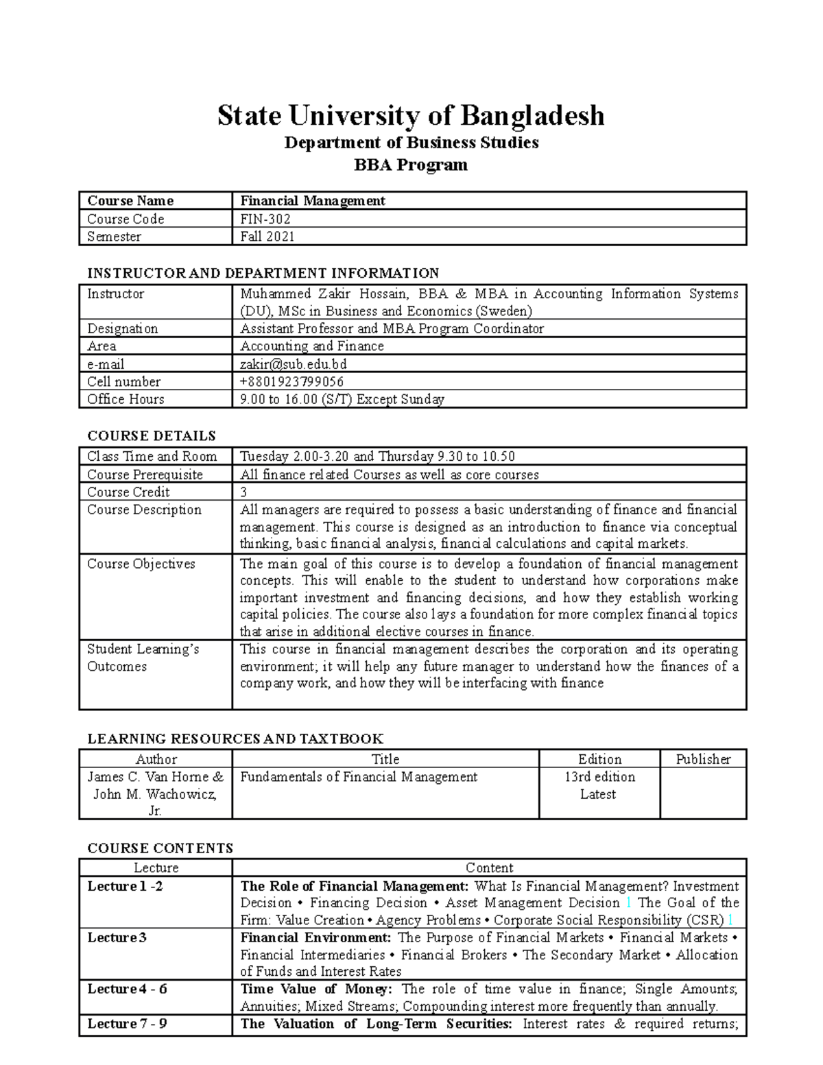 FIN 302 Financial Management - State University Of Bangladesh ...