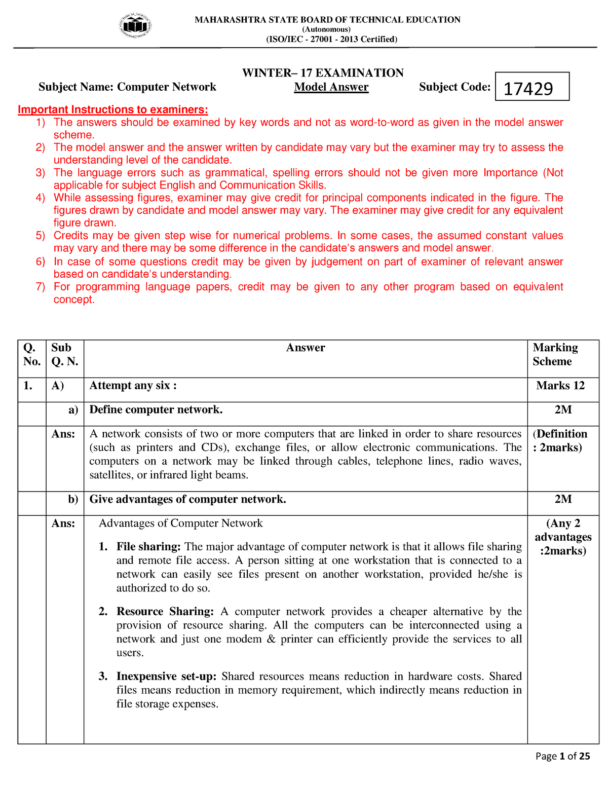 4th Sem Computer Network Computer Answer Paper Winter 2017 