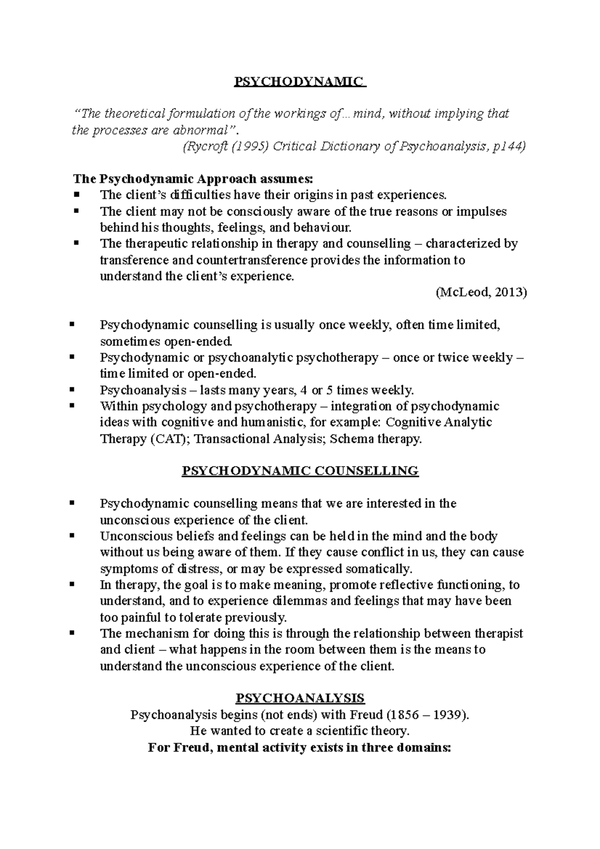 psychodynamic approach case study essay