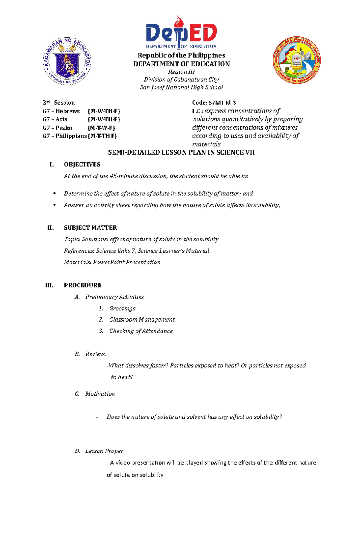 WEEK 04 S2 Nature of solute, solubility - Republic of the Philippines ...