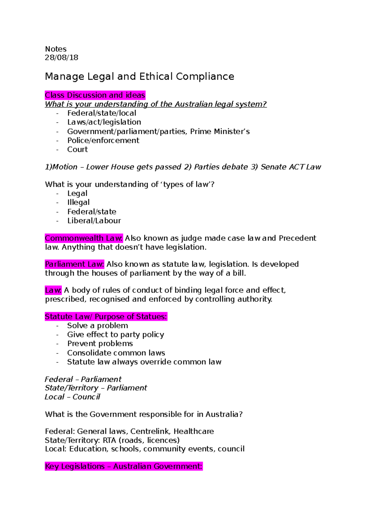 Lecture Notes Manage Legal and ethical compliance Notes 28/08