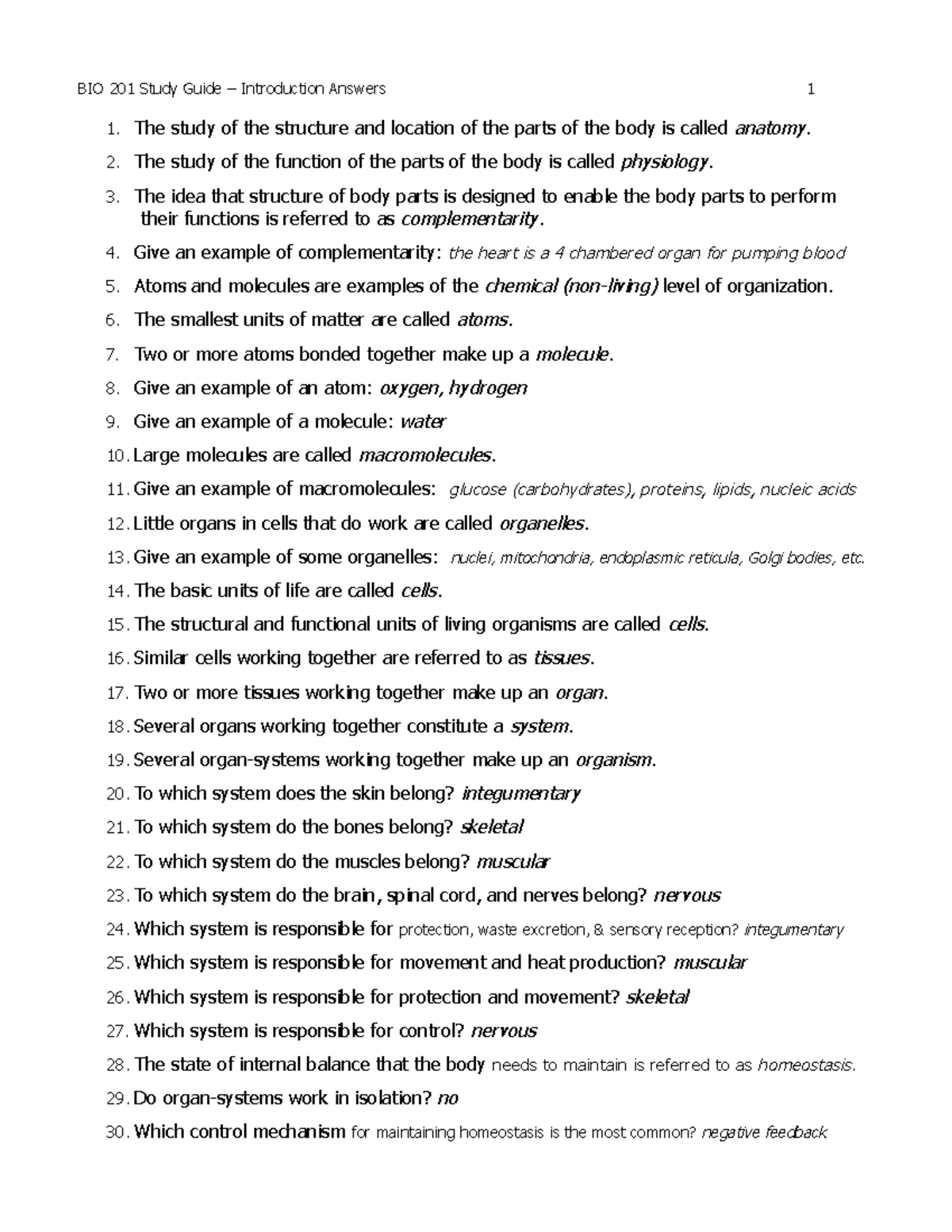 BIO 201 Study Guide Answers 1 Intro - The Study Of The Structure And ...