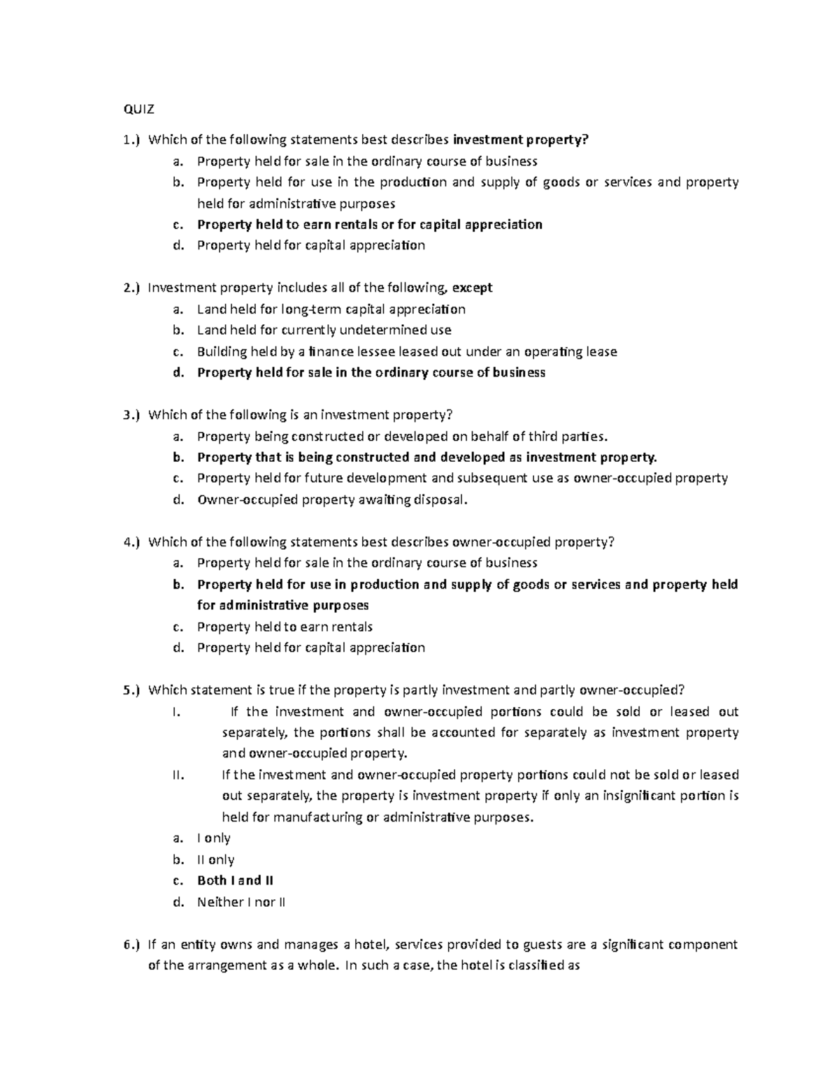 Investment Property Quiz - QUIZ 1.) Which of the following statements ...