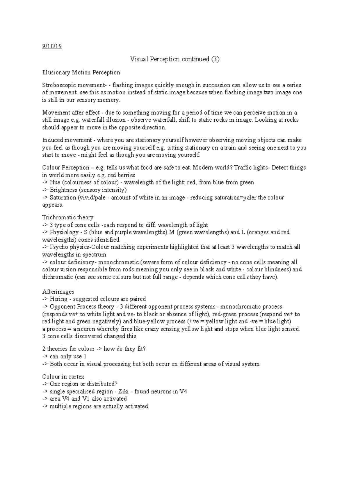 Visual perception notes - 9/10/ Visual Perception continued (3 ...