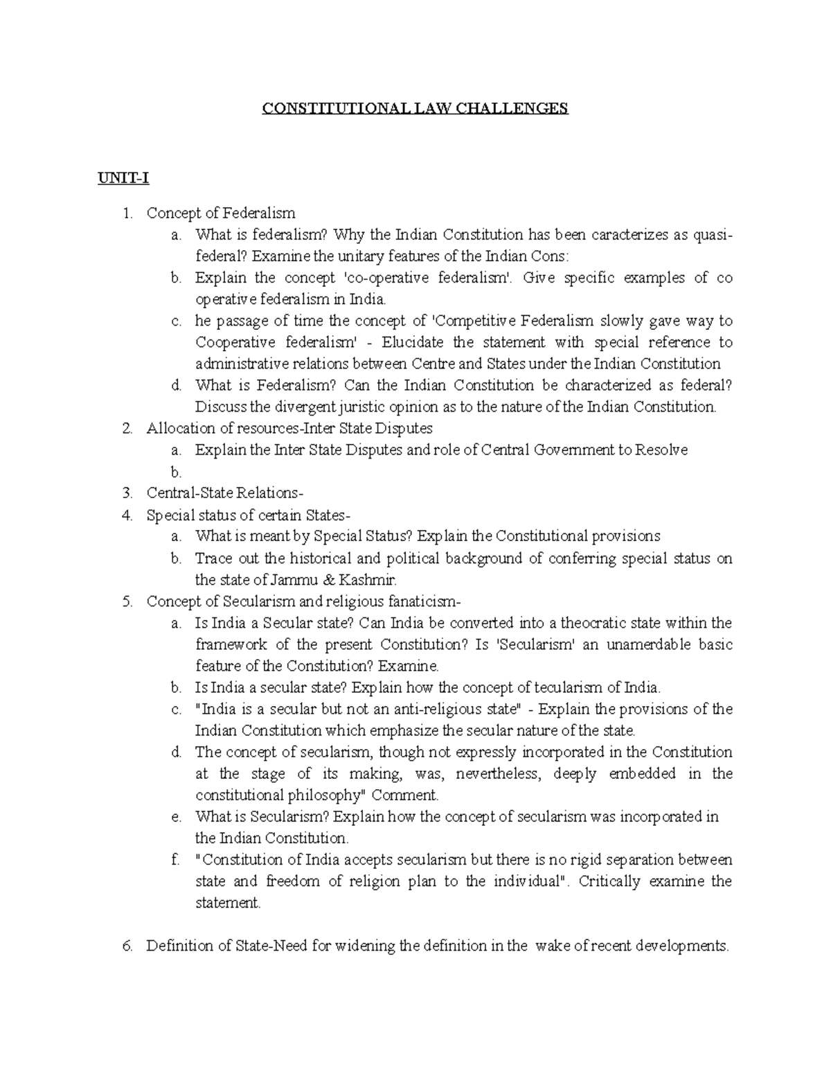 Challenges Questions CONSTITUTIONAL LAW CHALLENGES UNITI Concept