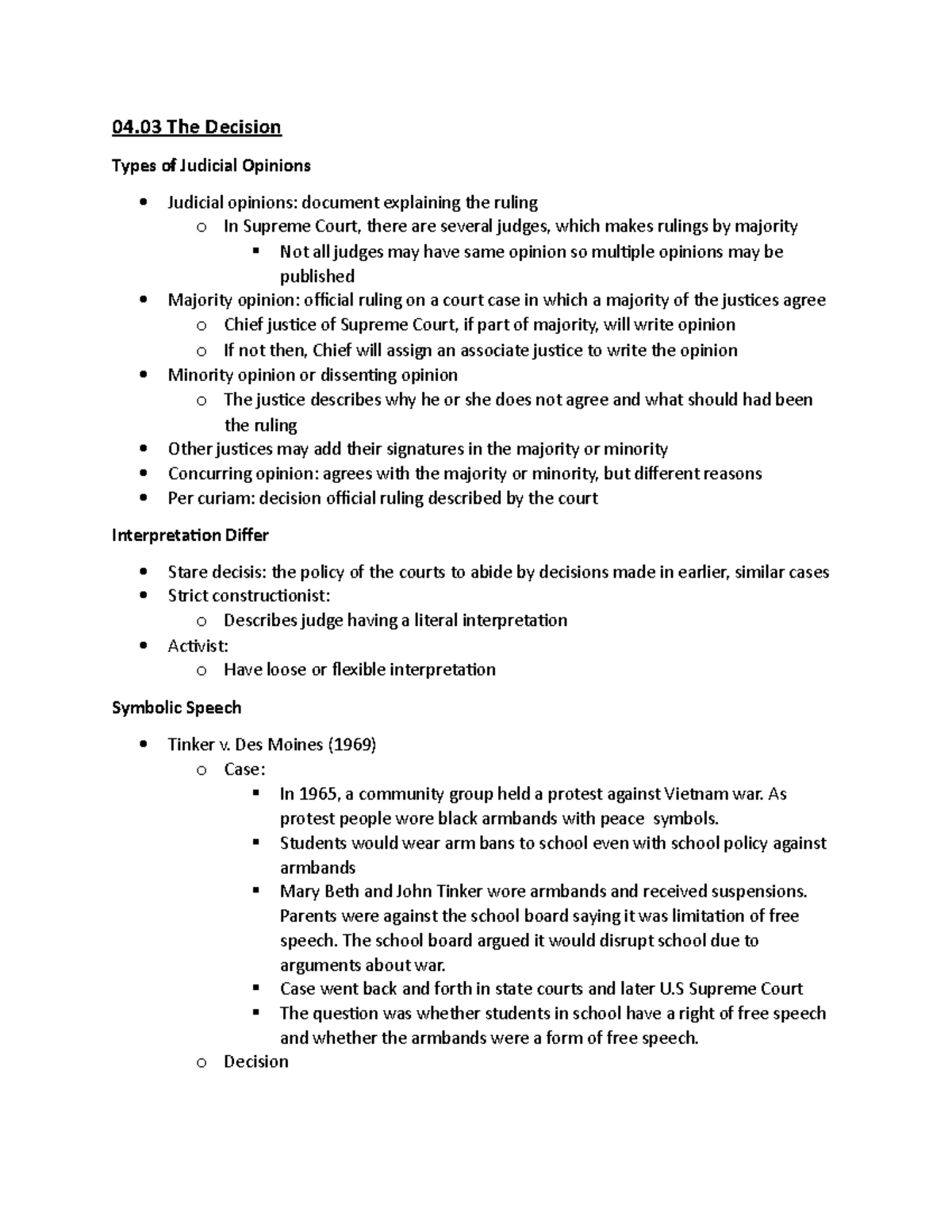 US GOV UNIT 4 Unit 4 3 04 The Decision Types Of Judicial Opinions 