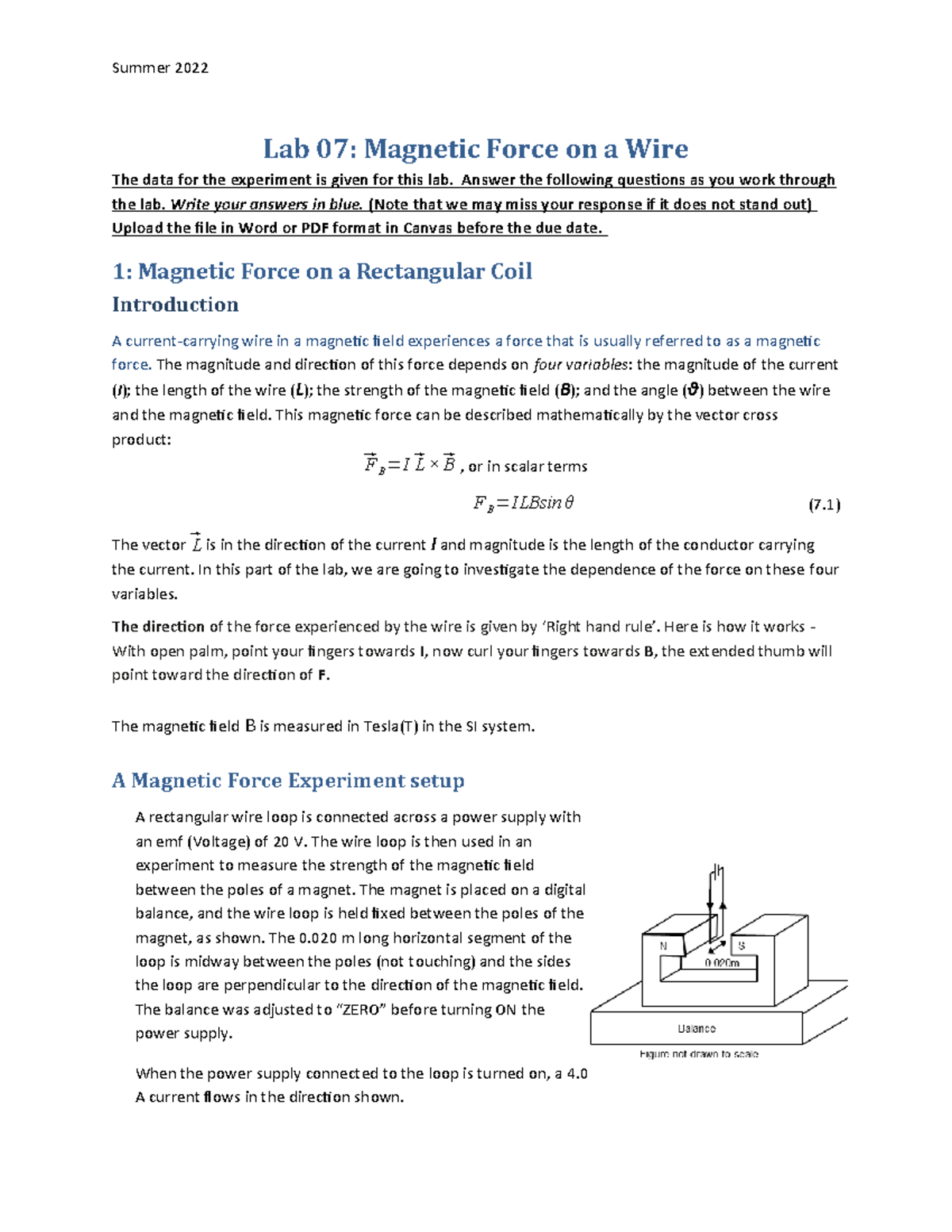 Lab Force1 completed Lab 07 Force on a Wire The
