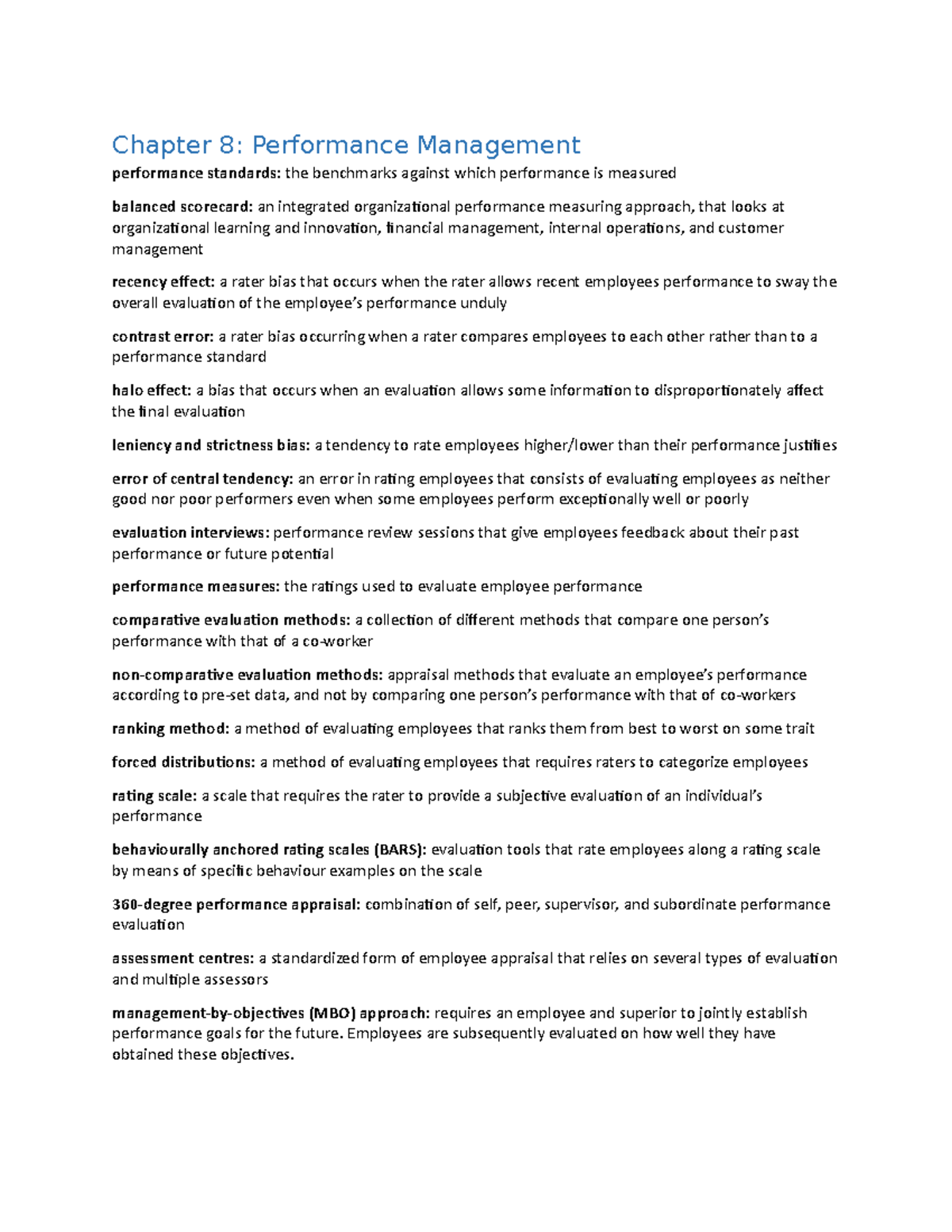 Final Exam Review Terms - Chapter 8: Performance Management performance ...