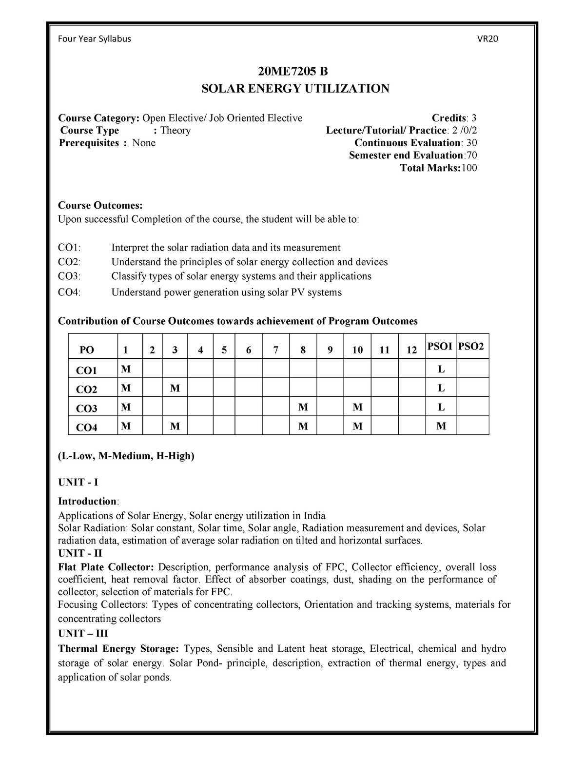 Solar Energy Utilization Syllabus Four Year Syllabus VR 20ME7205 B