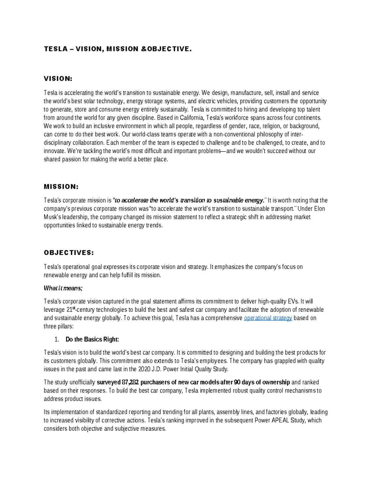 Tesla - MGT - TESLA – VISION, MISSION &OBJECTIVE. VISION: Tesla is ...