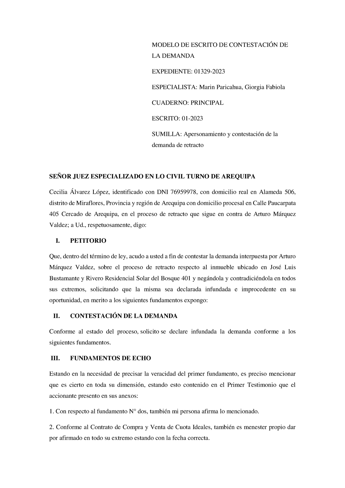 Contestación De La Demanda Modelo De Escrito De ContestaciÓn De La Demanda Expediente 01329 7579