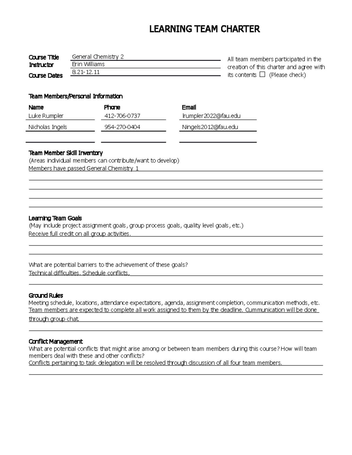 Learning TEAM Charter - Copy - LEARNING TEAM CHARTER Course Title ...