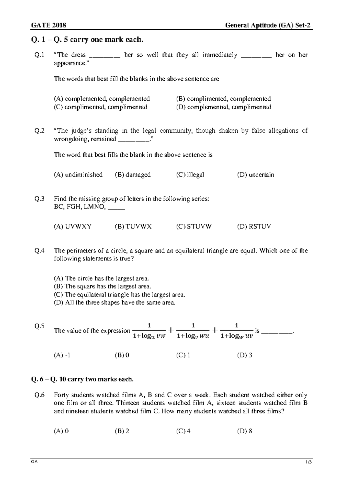 question paper gate ssss - GATE 2018 General Aptitude (GA) Set- 2 GA 1 ...