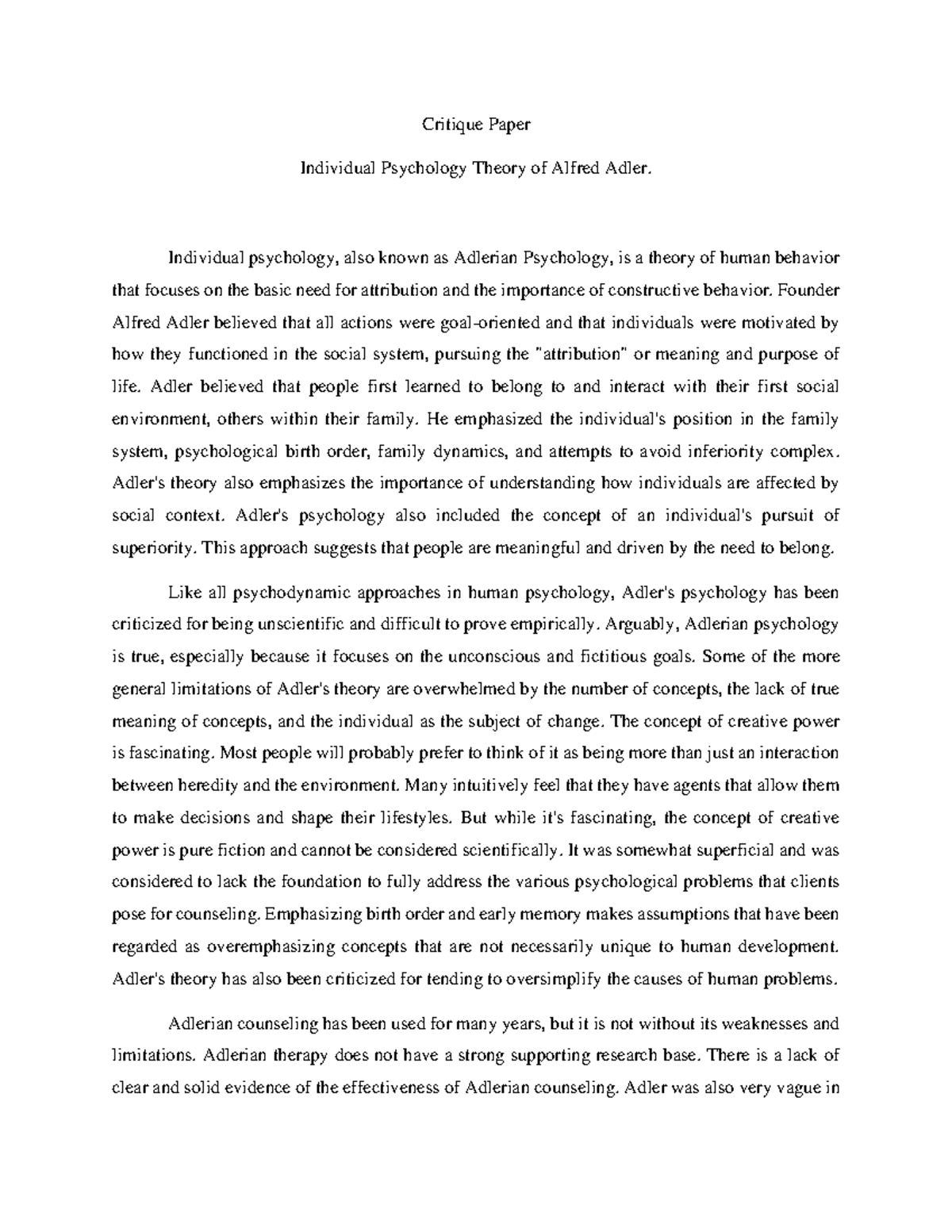 Critique Paper Individual Psychology Theory of Alfred Adler ...