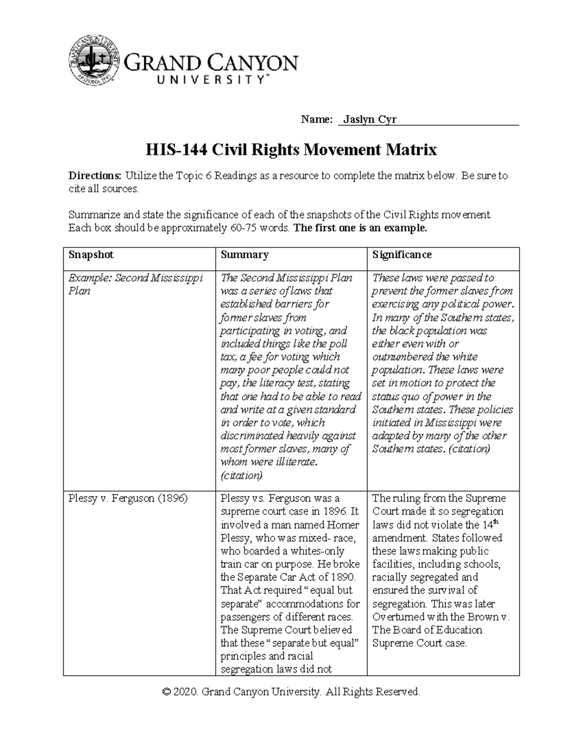 HIS-144-T6 Civil Rights Movement Matrix Online - Name: Jaslyn Cyr HIS ...