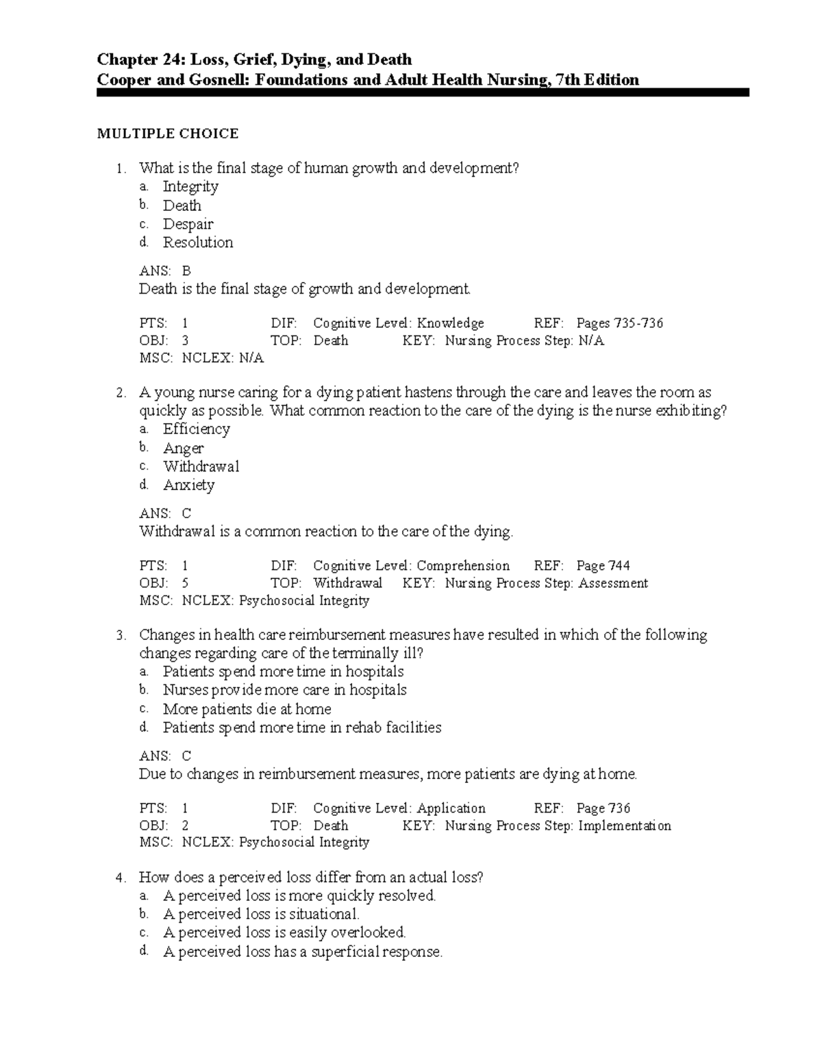 Chapter 24 Loss, Grief, Dying, And Death - What Is The Final Stage Of ...