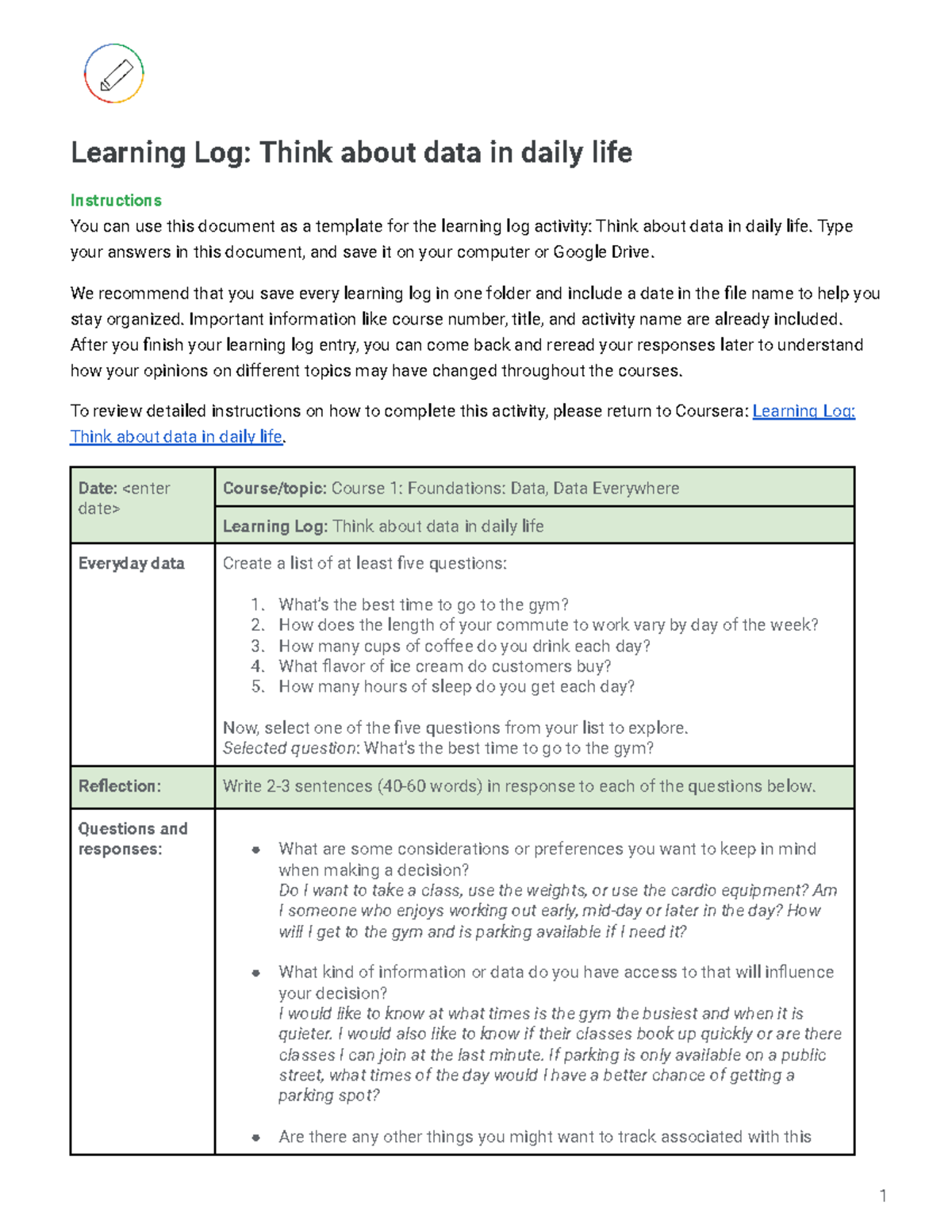 Example Learning Log Template Think about data in daily life - Learning ...