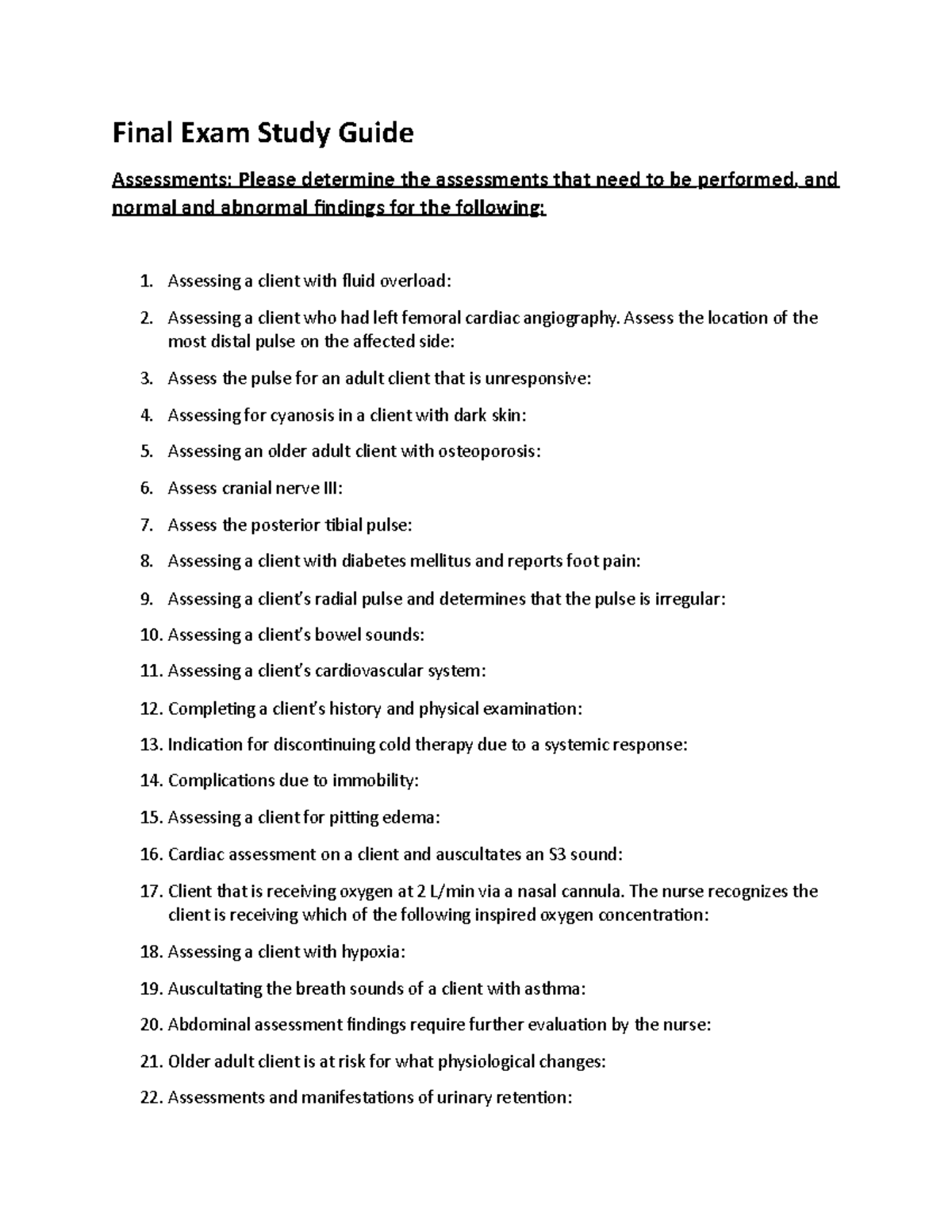 Final Exam Study Guide Health Assessment I NR302 Final Exam Study