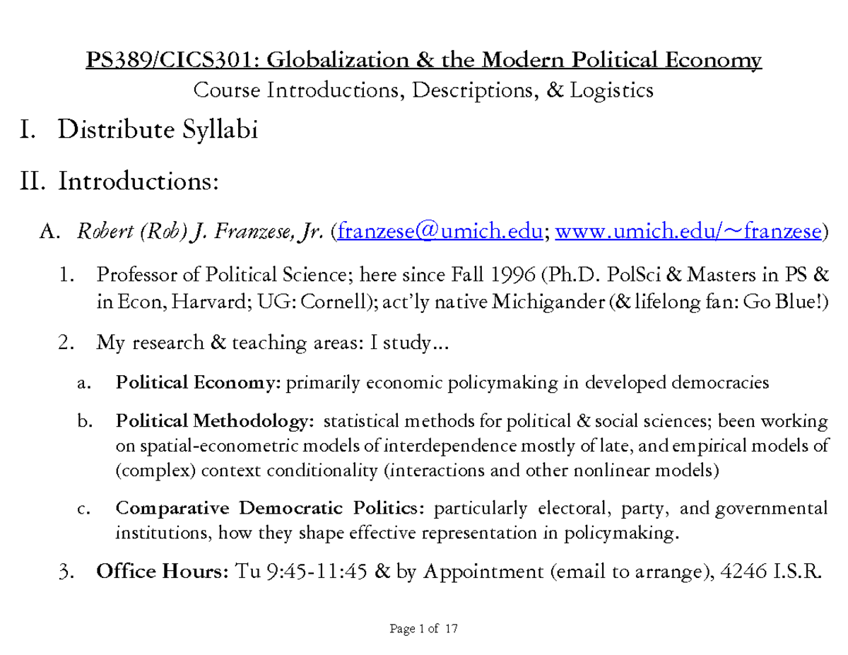 Lecture notes, lecture 1 - 00 - Globalization the Modern Political ...