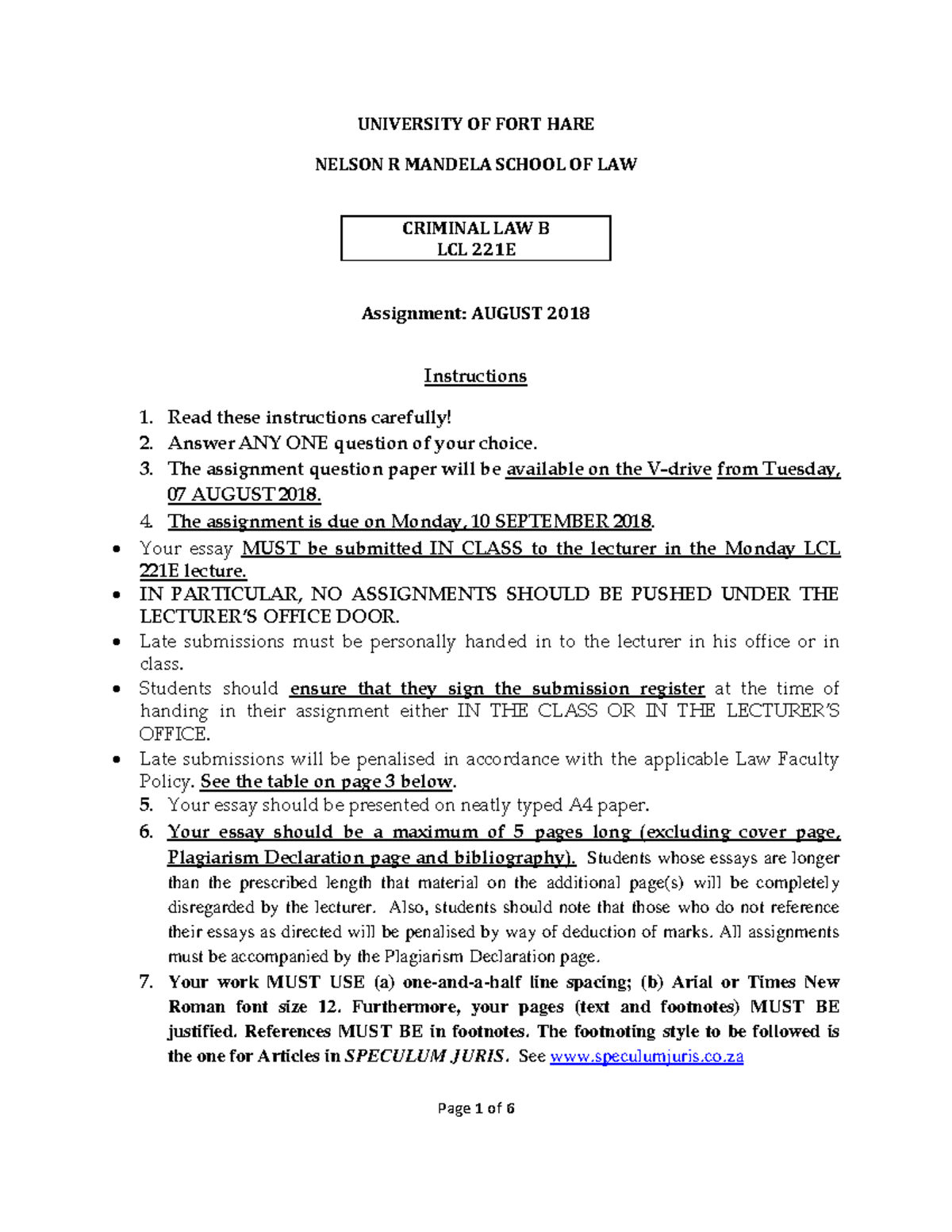 Criminal Law B Assignment August 2018 University Of Fort Hare Criminal Law B Assignment August 2018 University Of Fort Hare