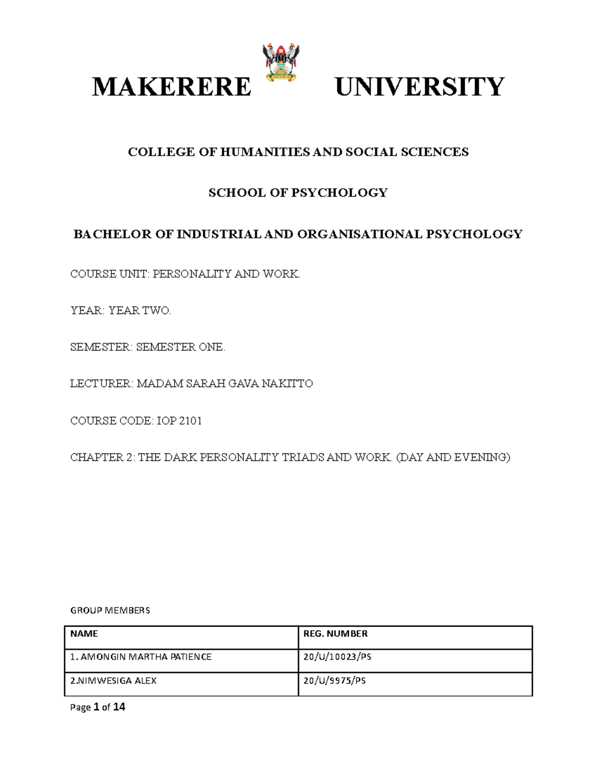 Chapter 2 Personality AND WORK MAKERERE UNIVERSITY COLLEGE OF