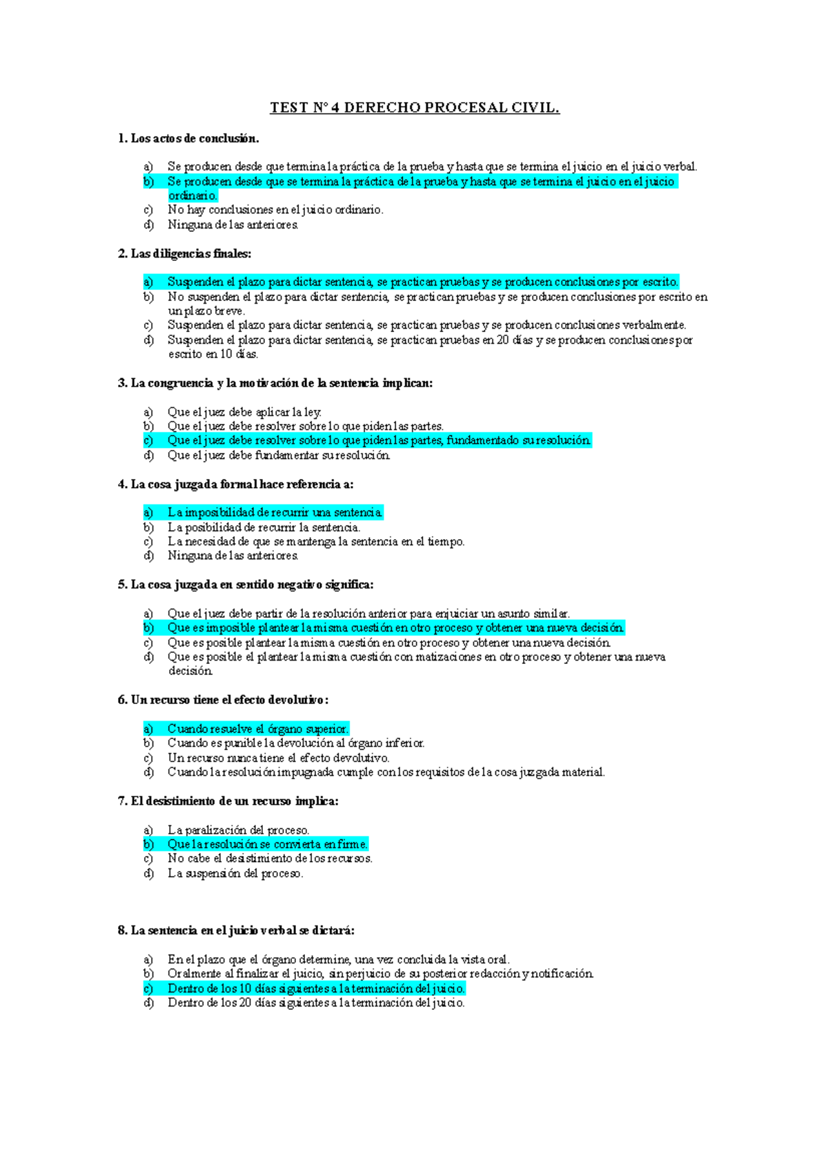 Test 4 - Curso 2016-2017. Derecho-ADE - TEST Nº 4 DERECHO PROCESAL ...