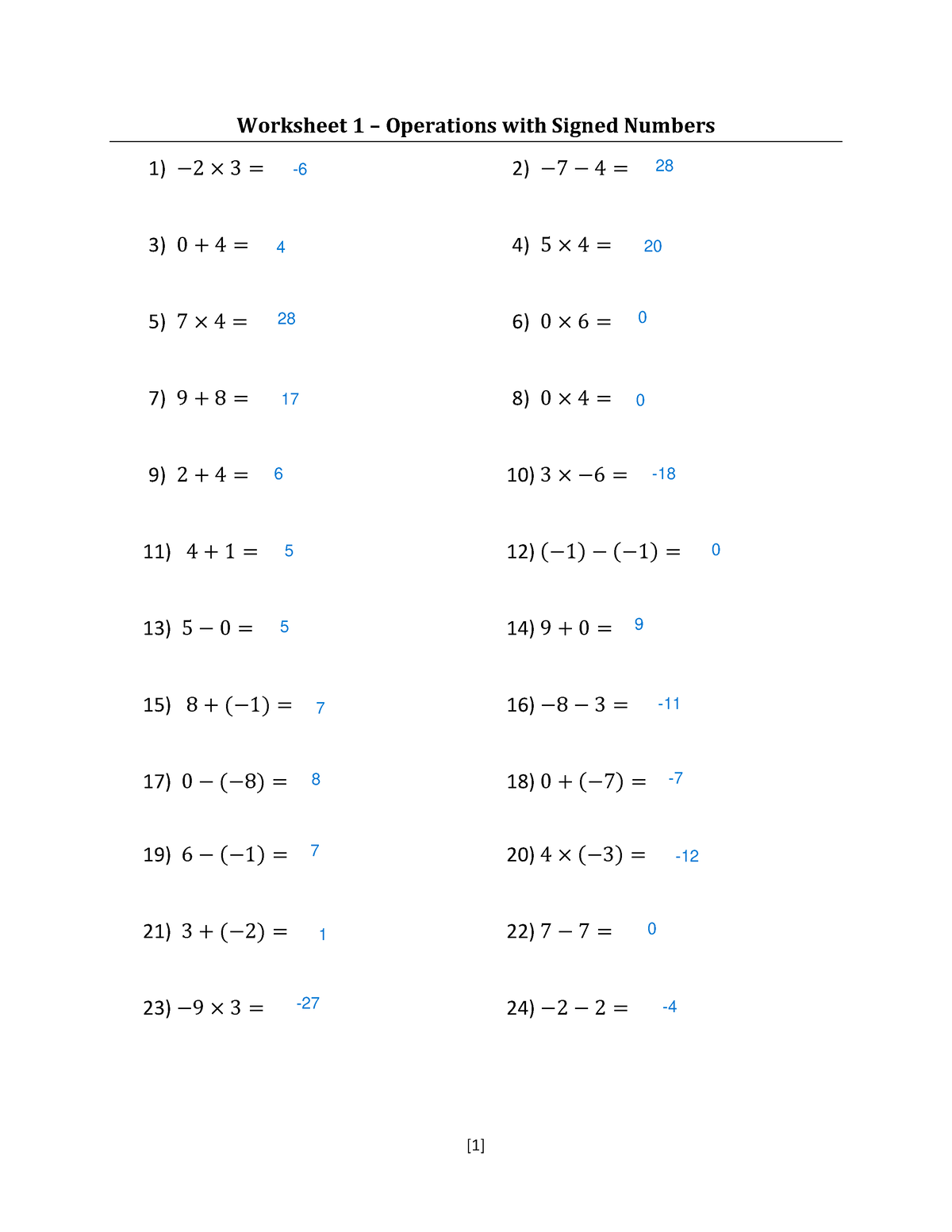 Worksheets - Week 1 - Operations with Signed Numbers - Worksheet 1 ...