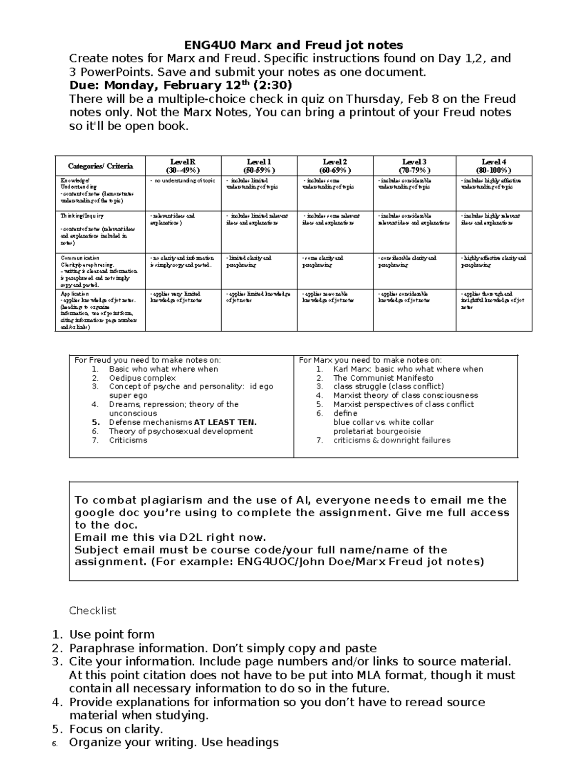 Marx freud jot notes rubric checklist Spring 2024 - ENG4U0 Marx and ...