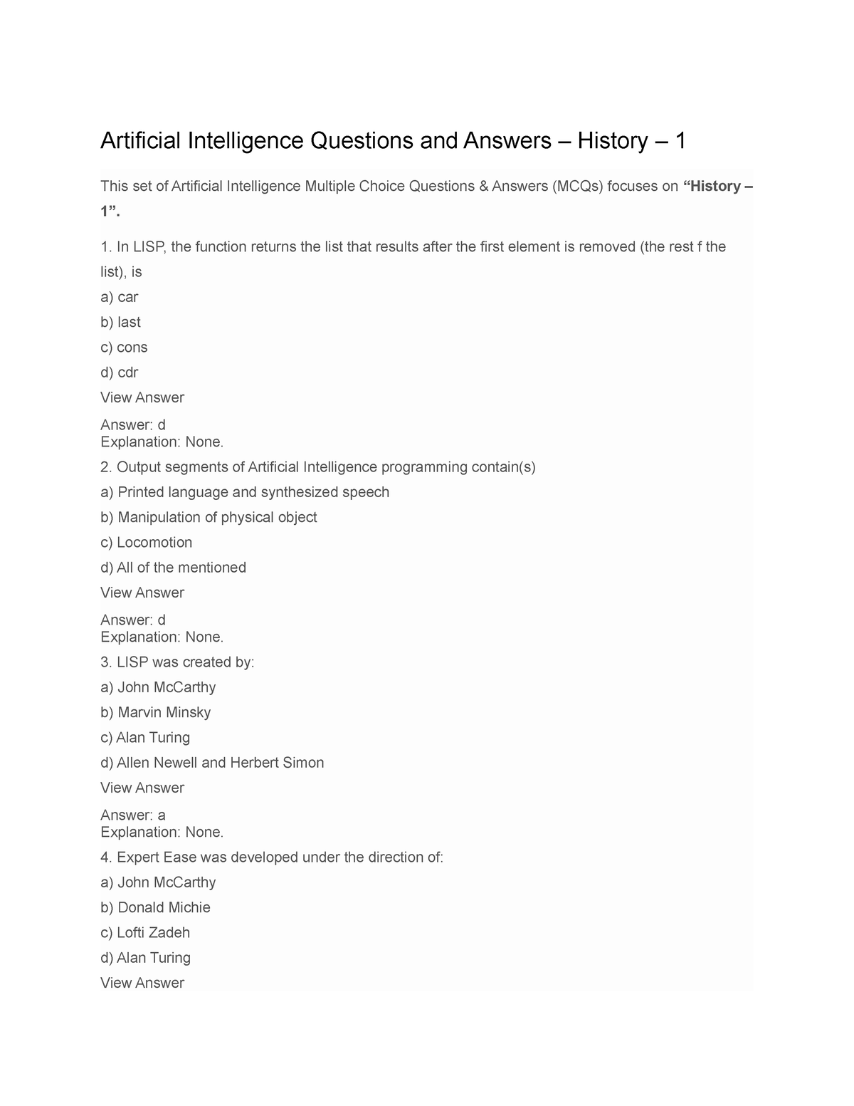 MCQs - Artificial Intelligence Questions And Answers – History – 1 This ...