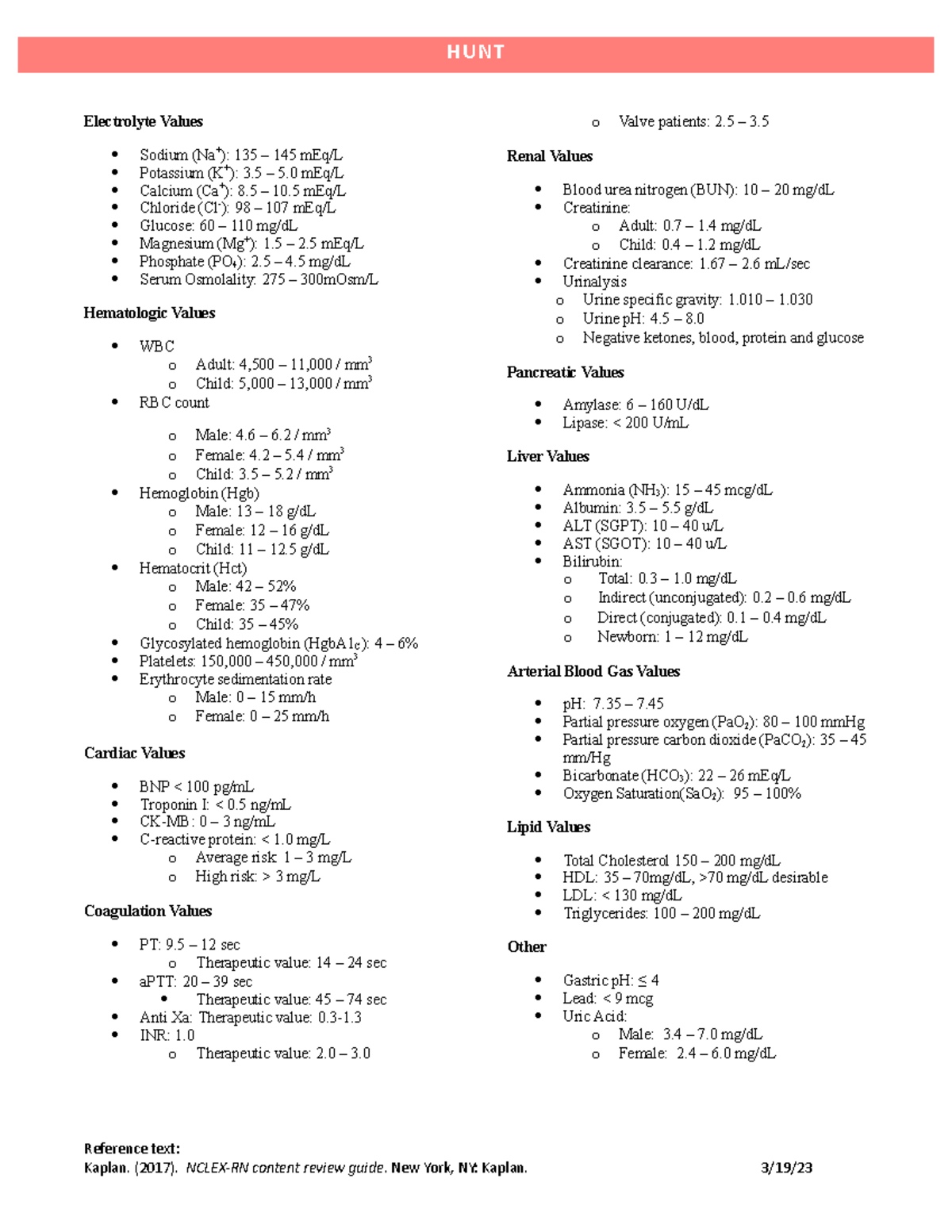 HSON Lab Values 2018 Electrolyte Values Sodium (Na+) 135 145 mEq/L