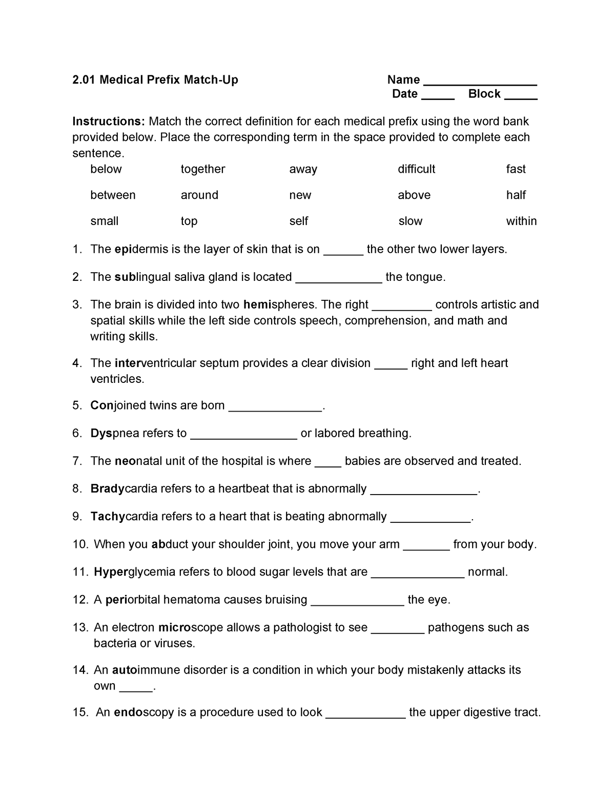 2.01 Medical Prefix Match-Up - Place the corresponding term in the ...