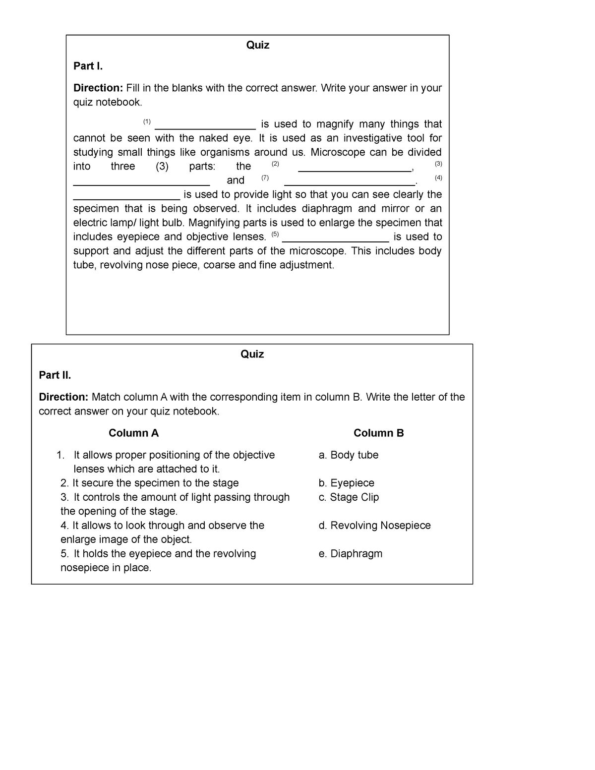 Microscopy quiz - Quiz Part I. Direction: Fill in the blanks with the ...