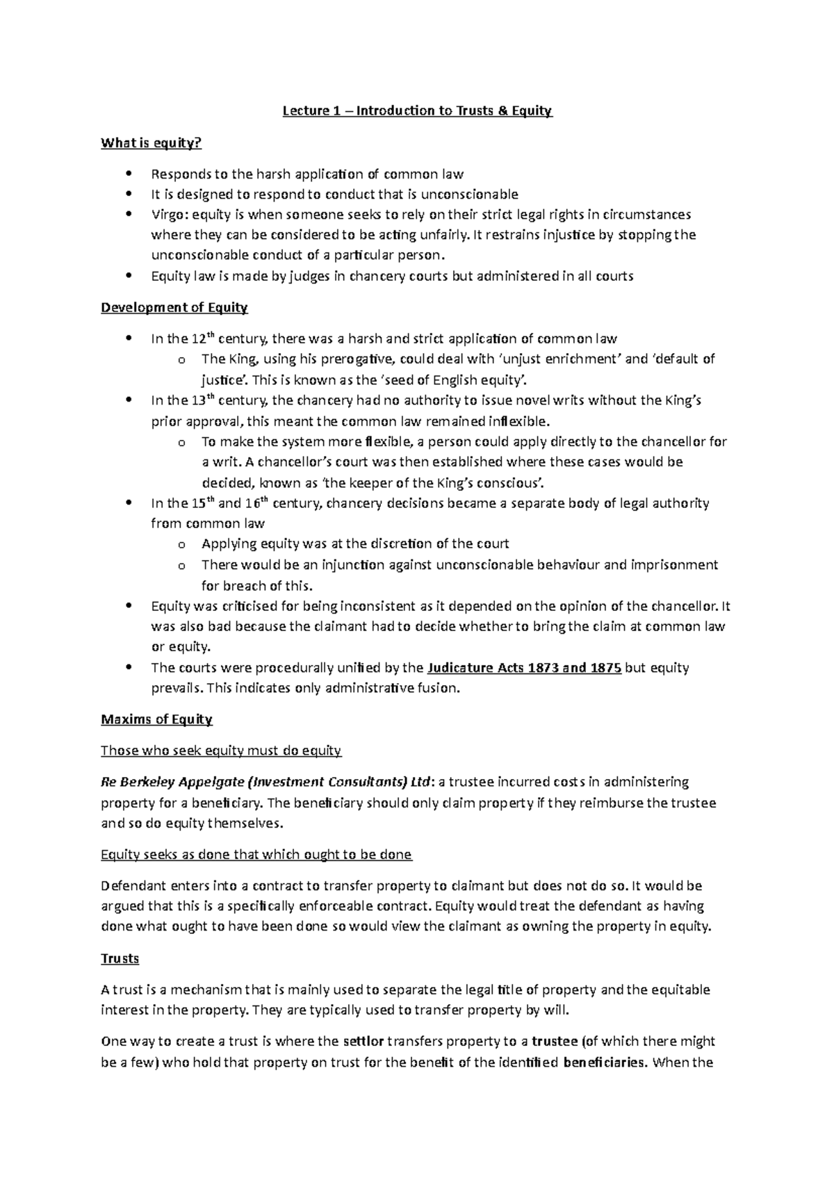 Lecture 1 - Introduction to Equity and Trusts - Lecture 1 ...