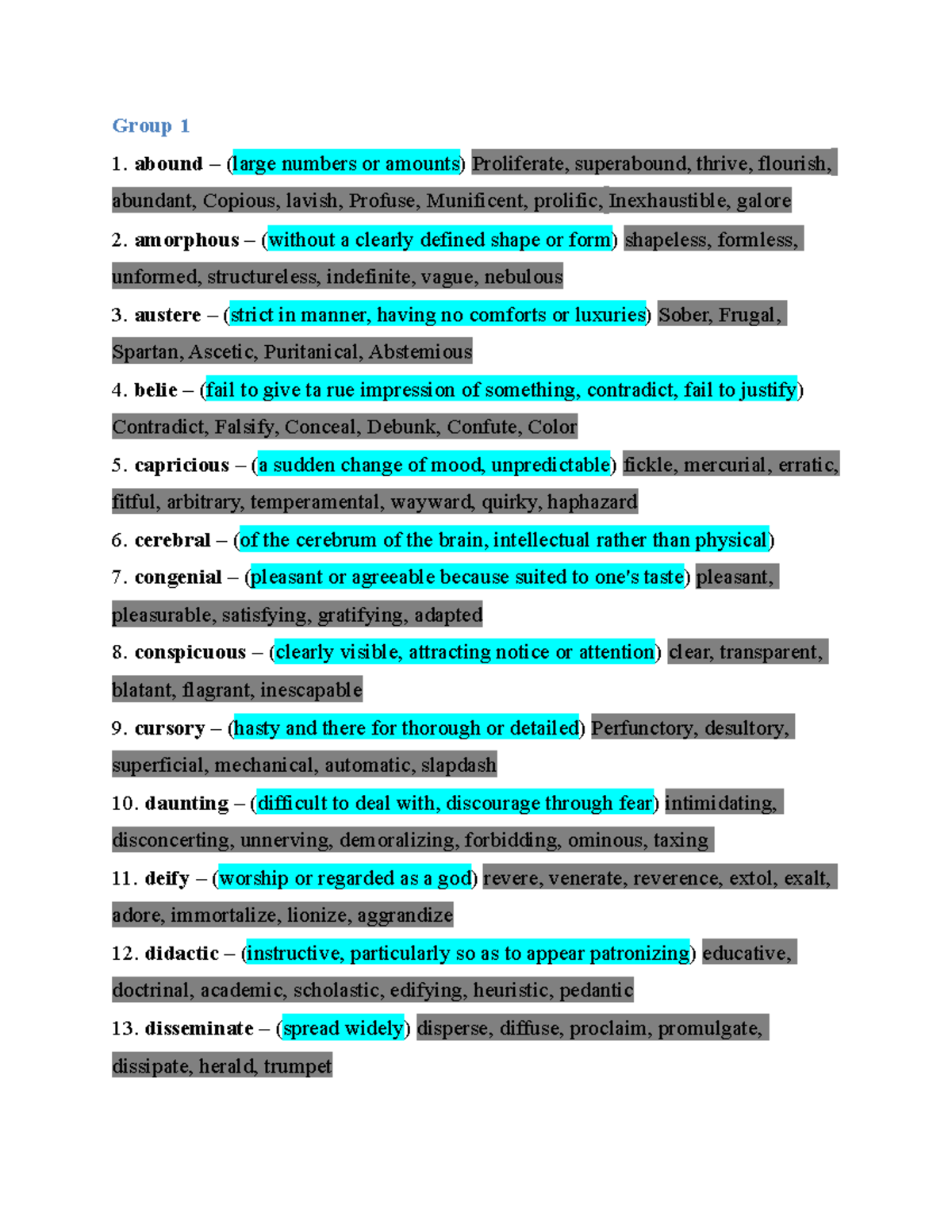 Gregmat word list with defination and synonyms - Group 1 abound ...