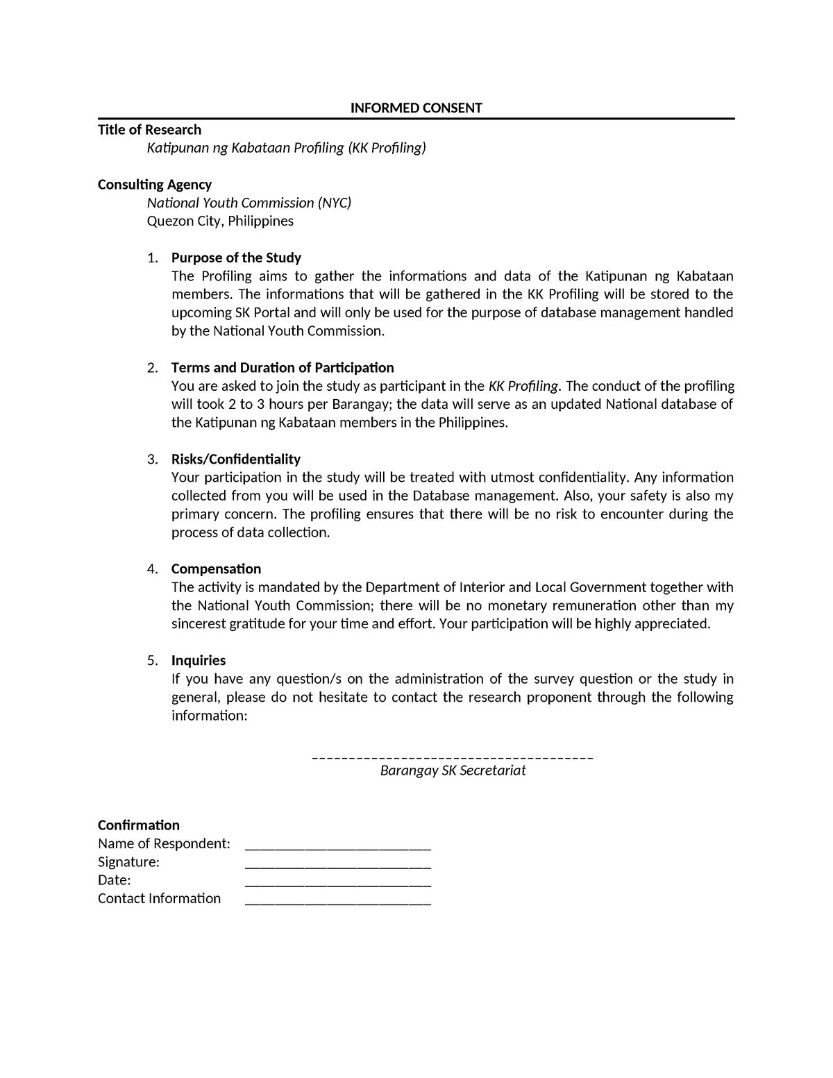 Annex 2 - KK Profiling - Informed Consent - INFORMED CONSENT Title of ...