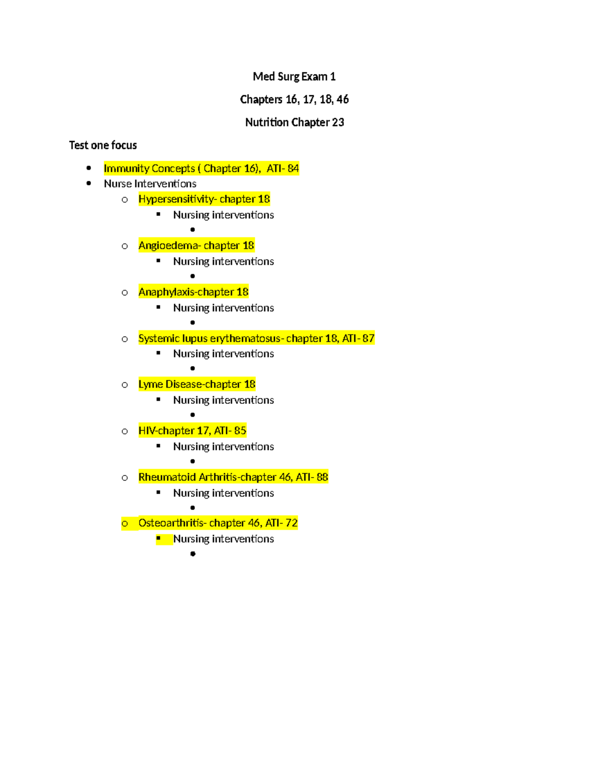 Med Surg Exam 1 - notes - Med Surg Exam 1 Chapters 16, 17, 18, 46 ...