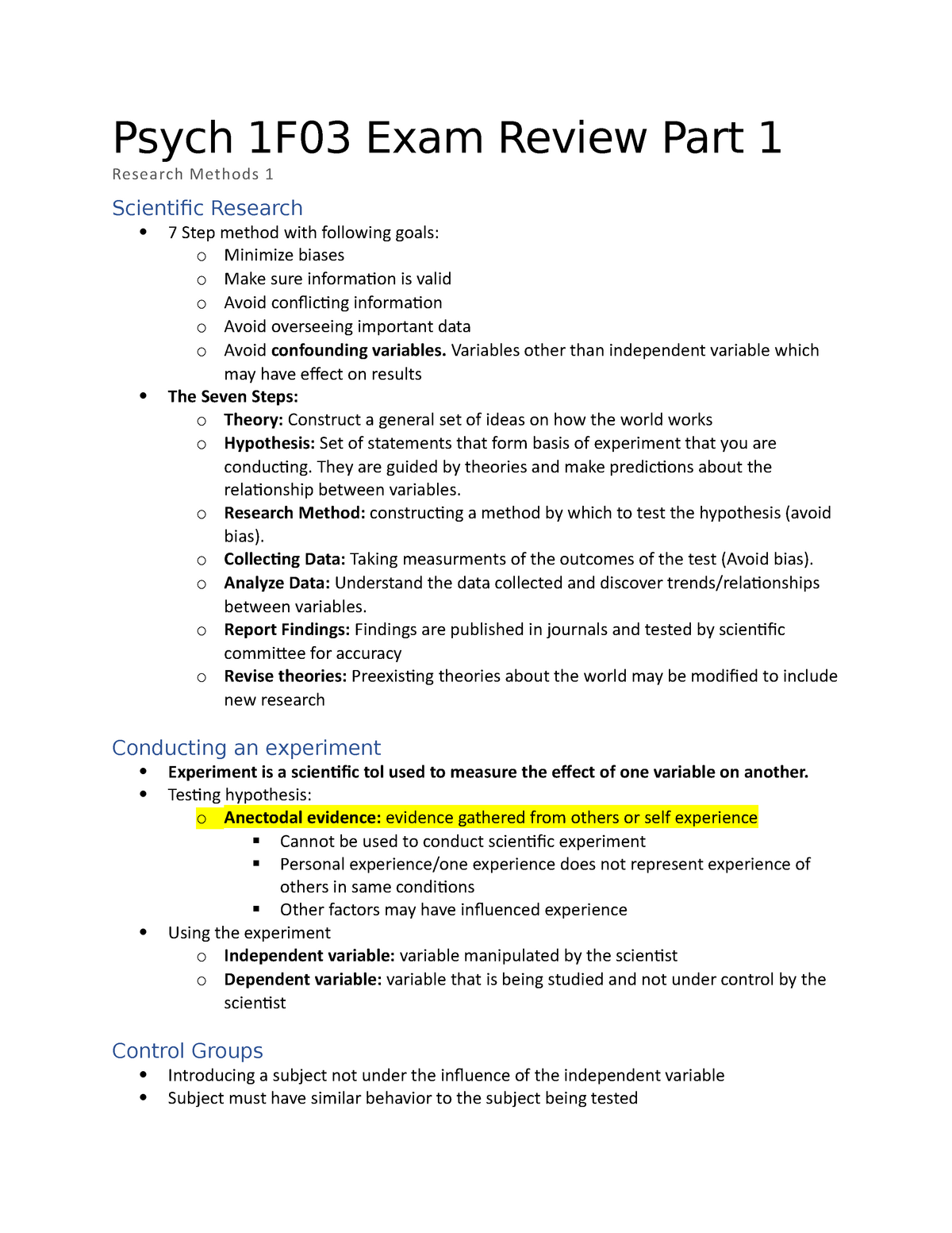 Psych Final Exam Reference Sheet Psych F Exam Review Part Research Methods Scientific