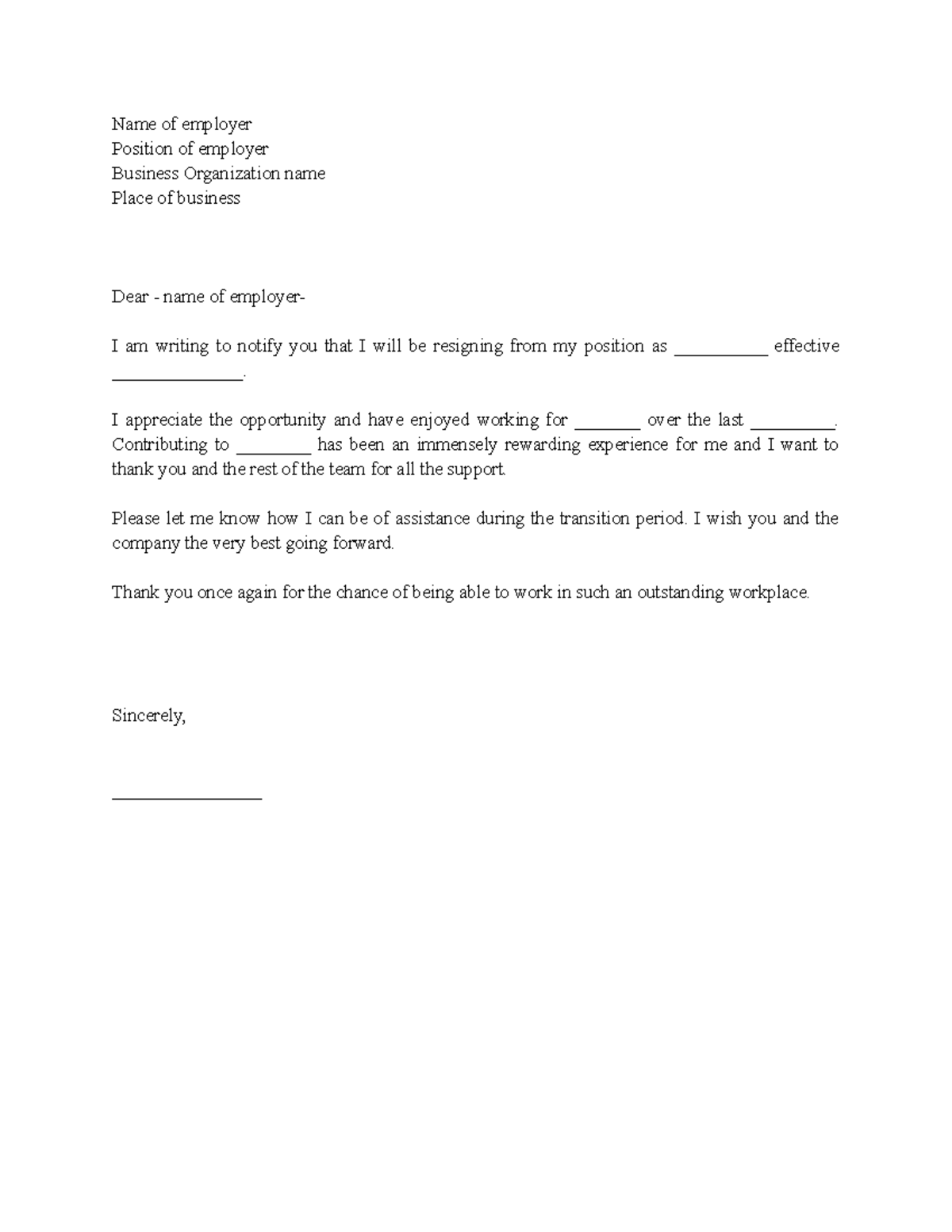 Resignation-letter format guide - Name of employer Position of employer ...