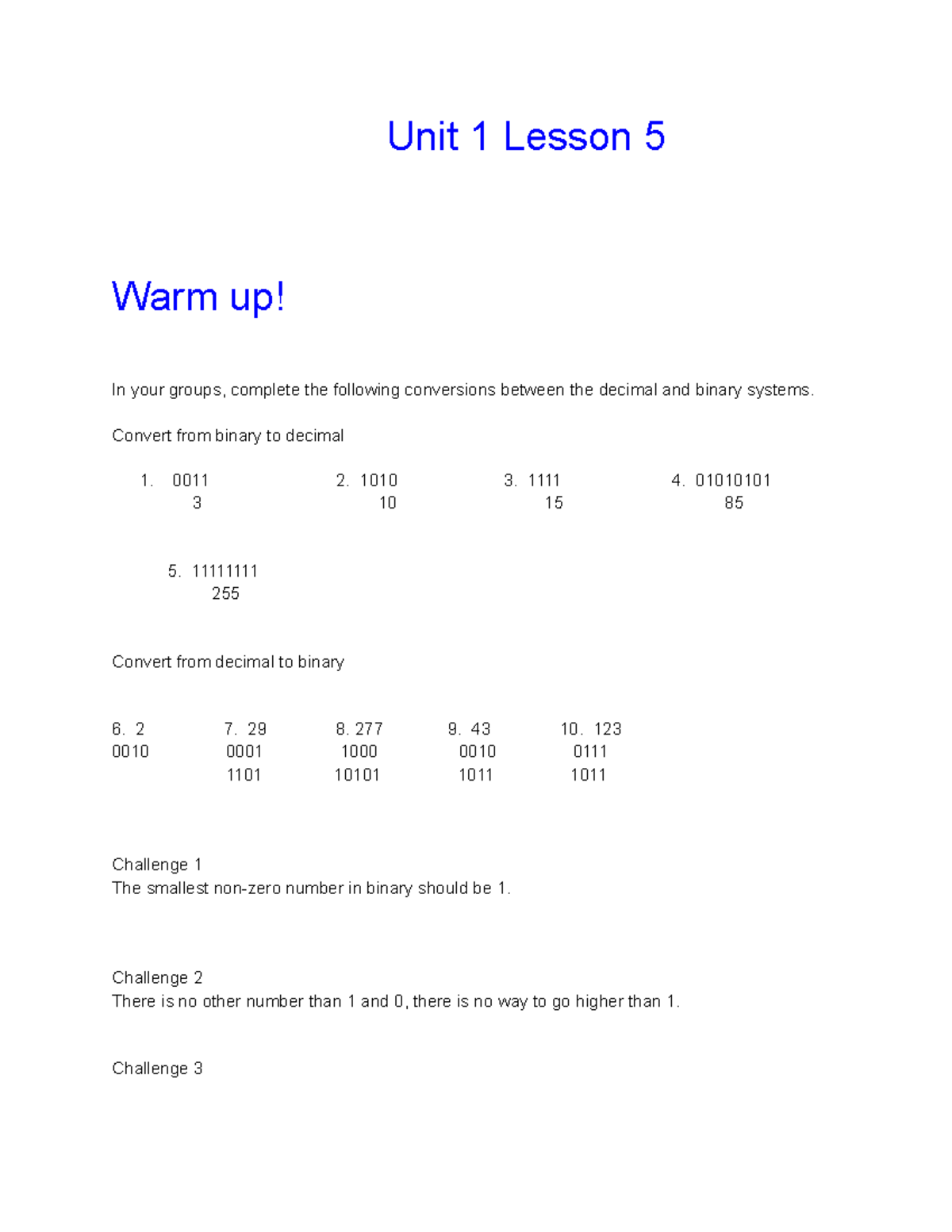 Copy of Copy of Untitled document Unit 1 Lesson 5 Warm up! In your