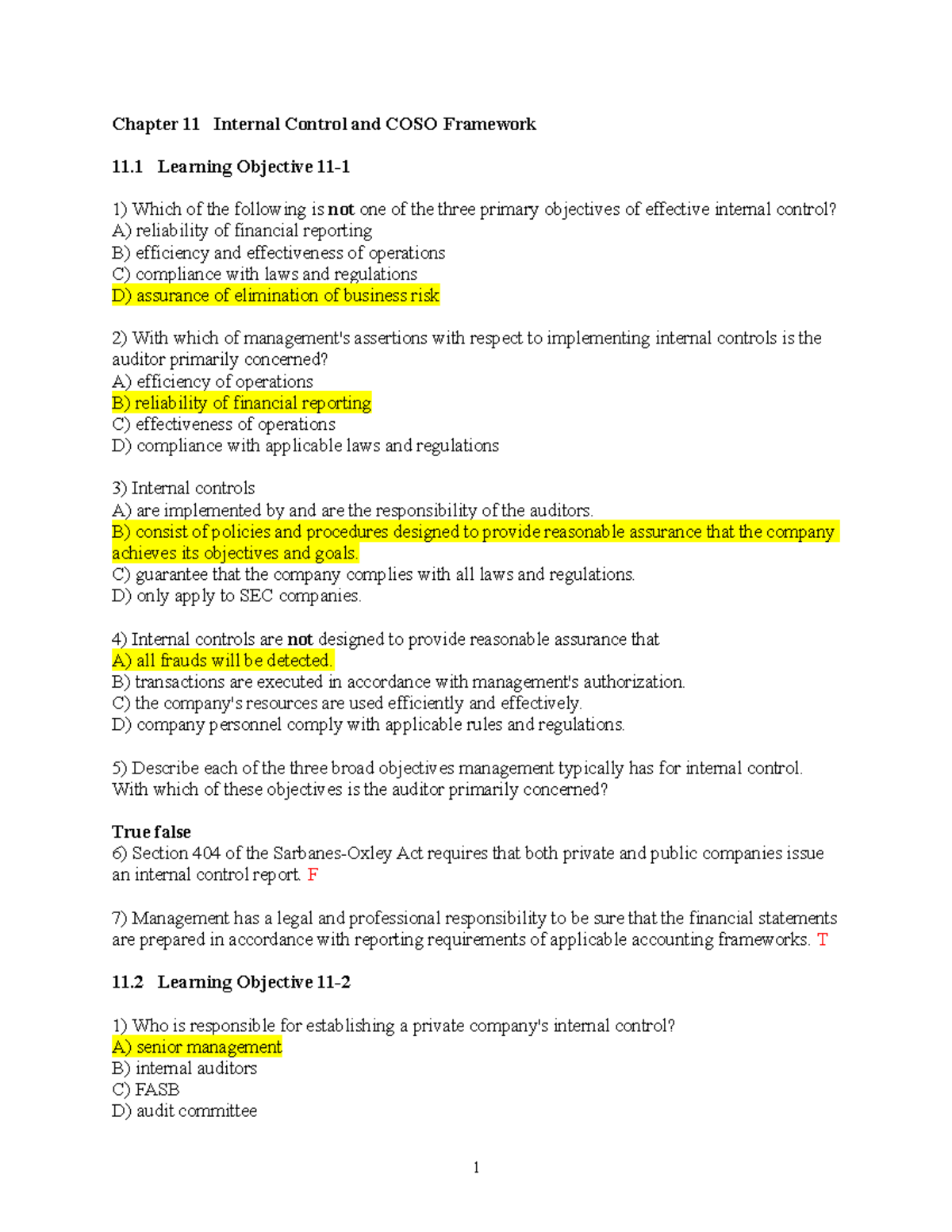 Chapter-11 Questions - audit 1 - Chapter 11 Internal Control and COSO ...
