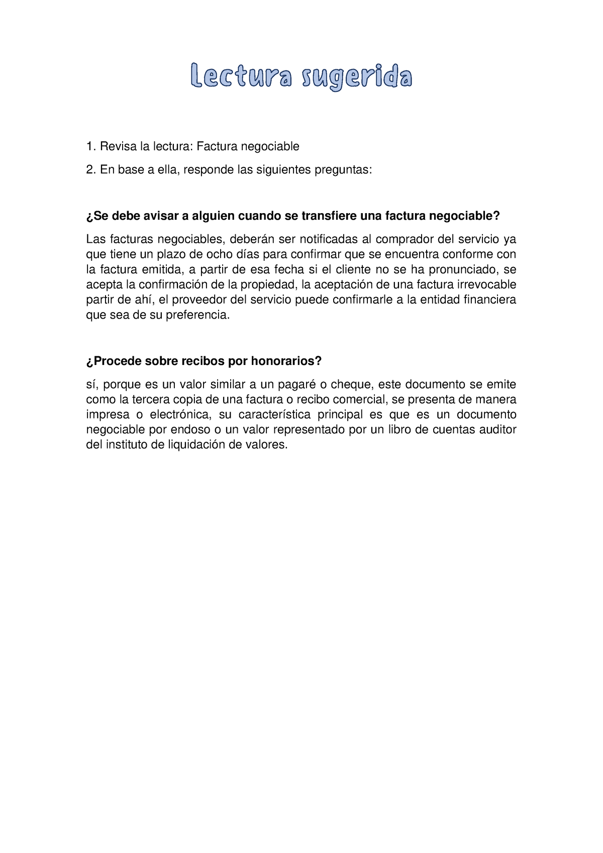 Lectura Sugerida S Derecho Empresarial Revisa La Lectura Factura Negociable En Base A