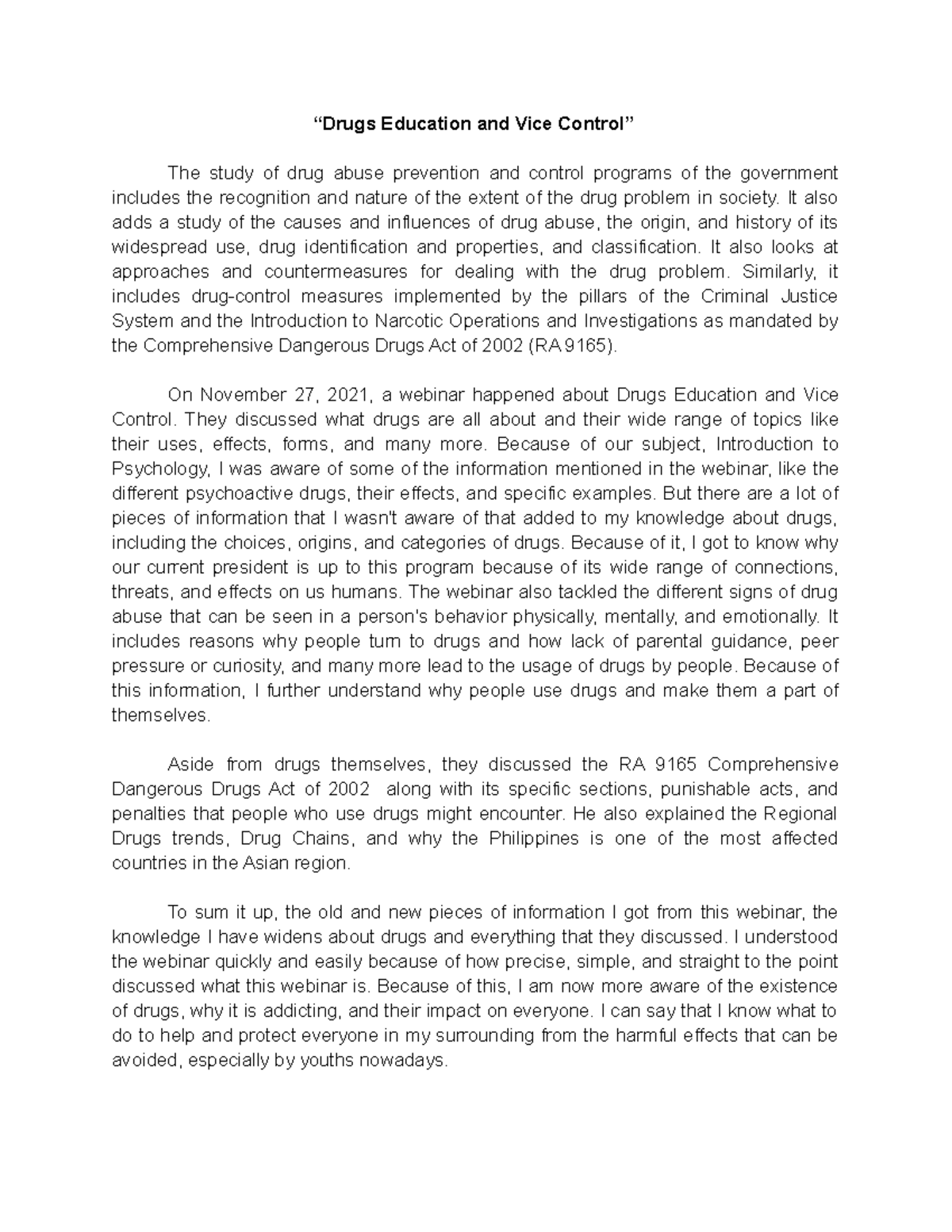 NSC62B~1 - NSTP1 DRUG EDUCATION AND VICE CONTROL REFLECTION - “Drugs ...