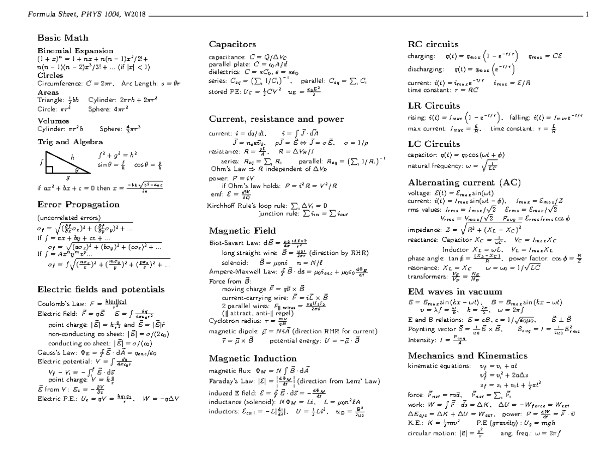 Formula Sheet 1004 18 Phys 1004 Introductory Electromagnetism Studocu