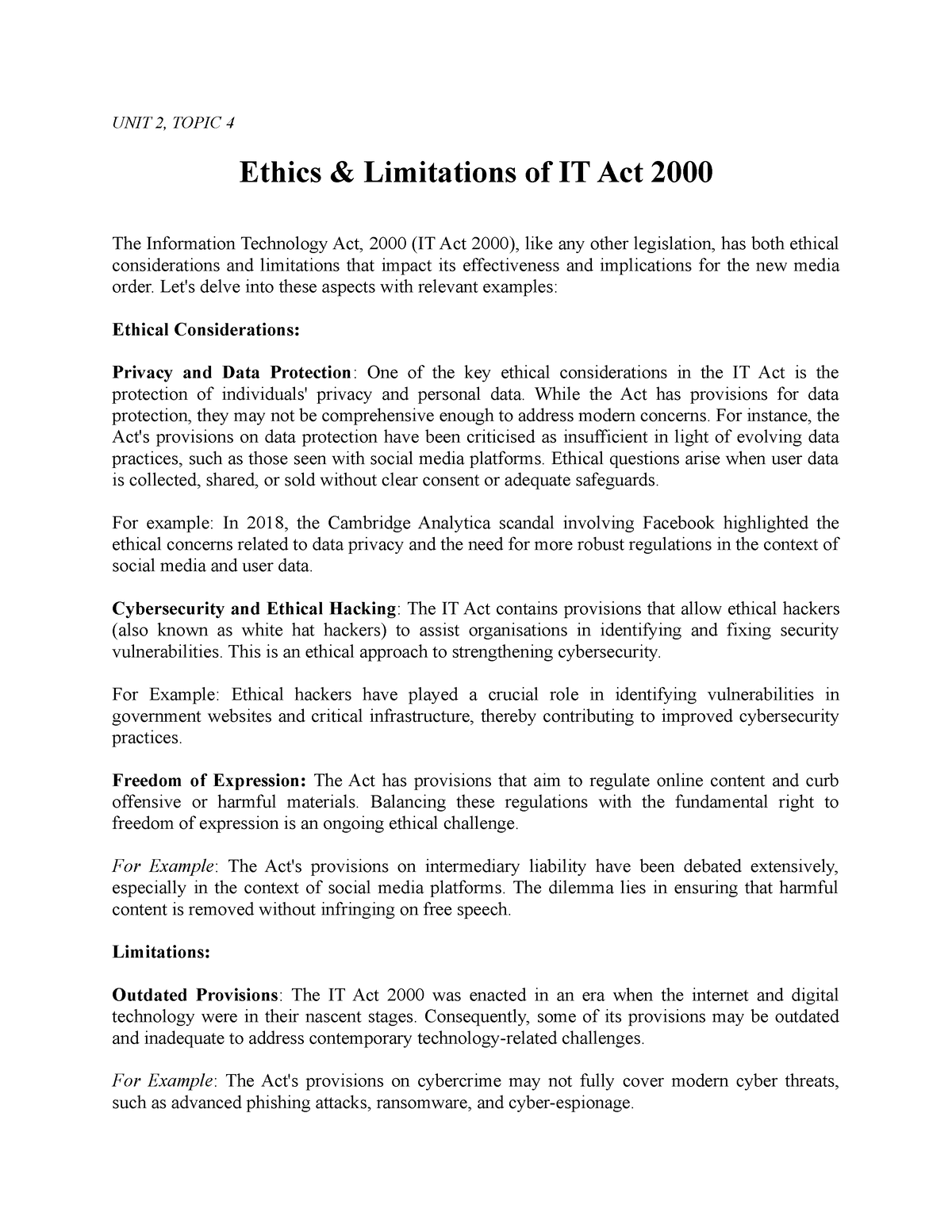 Ethics And Limitations Of It Act 2000 Unit 2 Topic 4 Ethics And Limitations Of It Act 2000 The