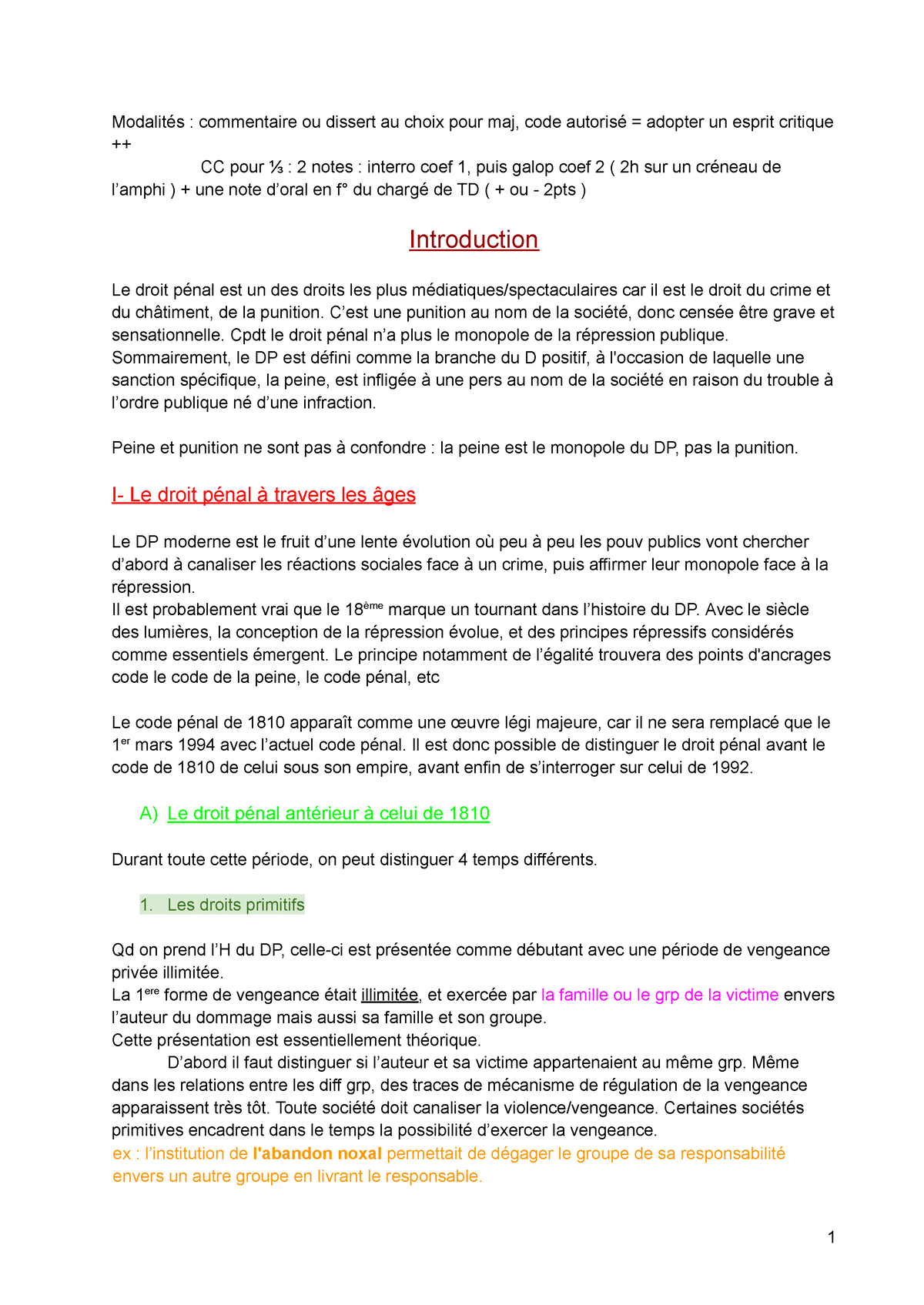 Droit P Nal - Notes De Cours - Modalités : Commentaire Ou Dissert Au ...