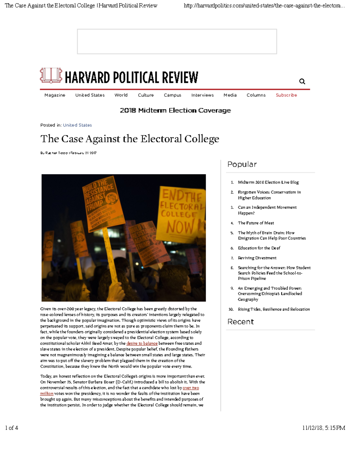 Tropp, The Case Against The Electoral College - Harvard Political ...