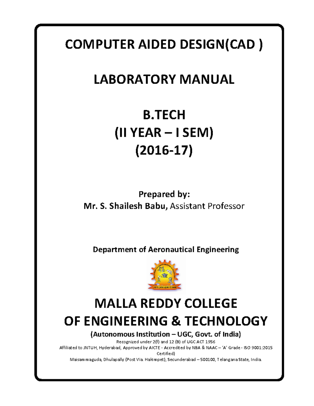 Auto CAD Notes COMPUTER AIDED DESIGN(CAD ) LABORATORY MANUAL B (II